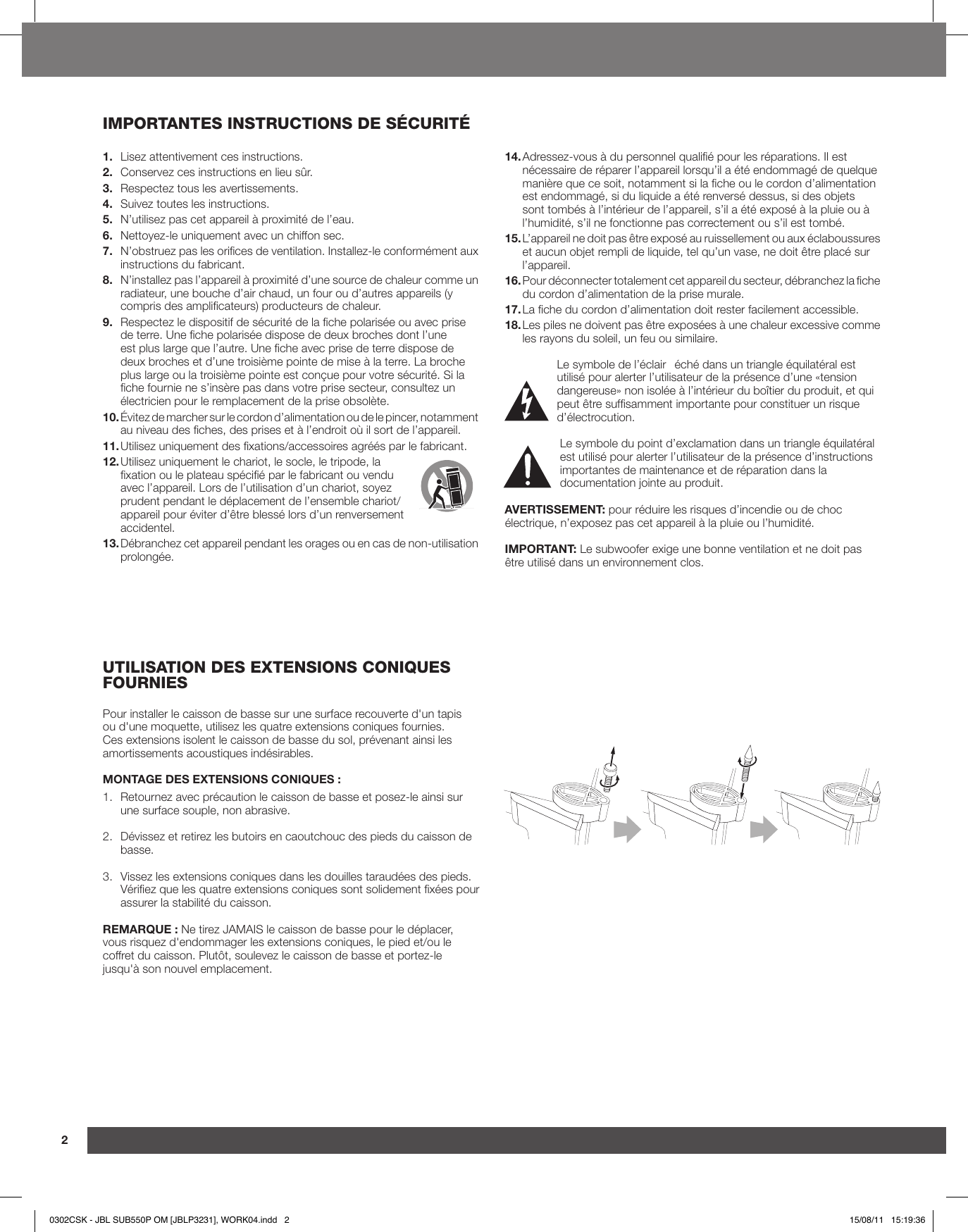 Page 2 of 5 - JBL  Owners Manual - SUB 550P (French EU)