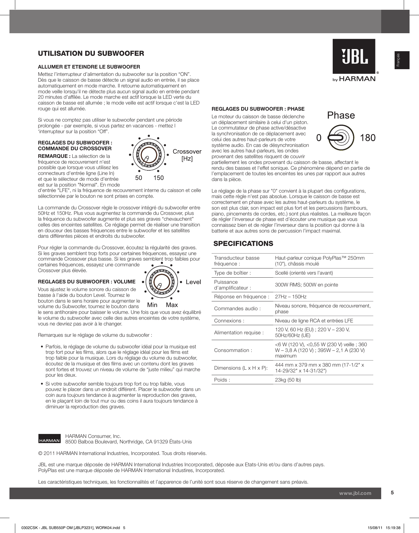 Page 5 of 5 - JBL  Owners Manual - SUB 550P (French EU)