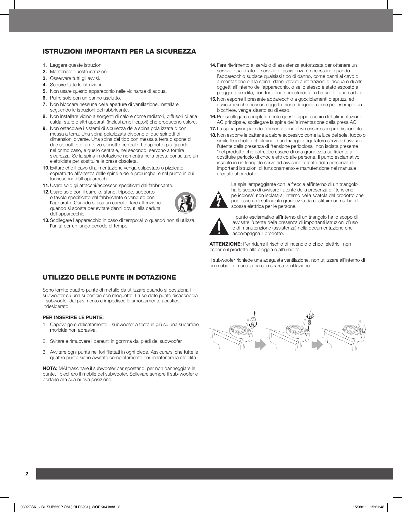 Page 2 of 5 - JBL  Owners Manual - SUB 550P (Italian)