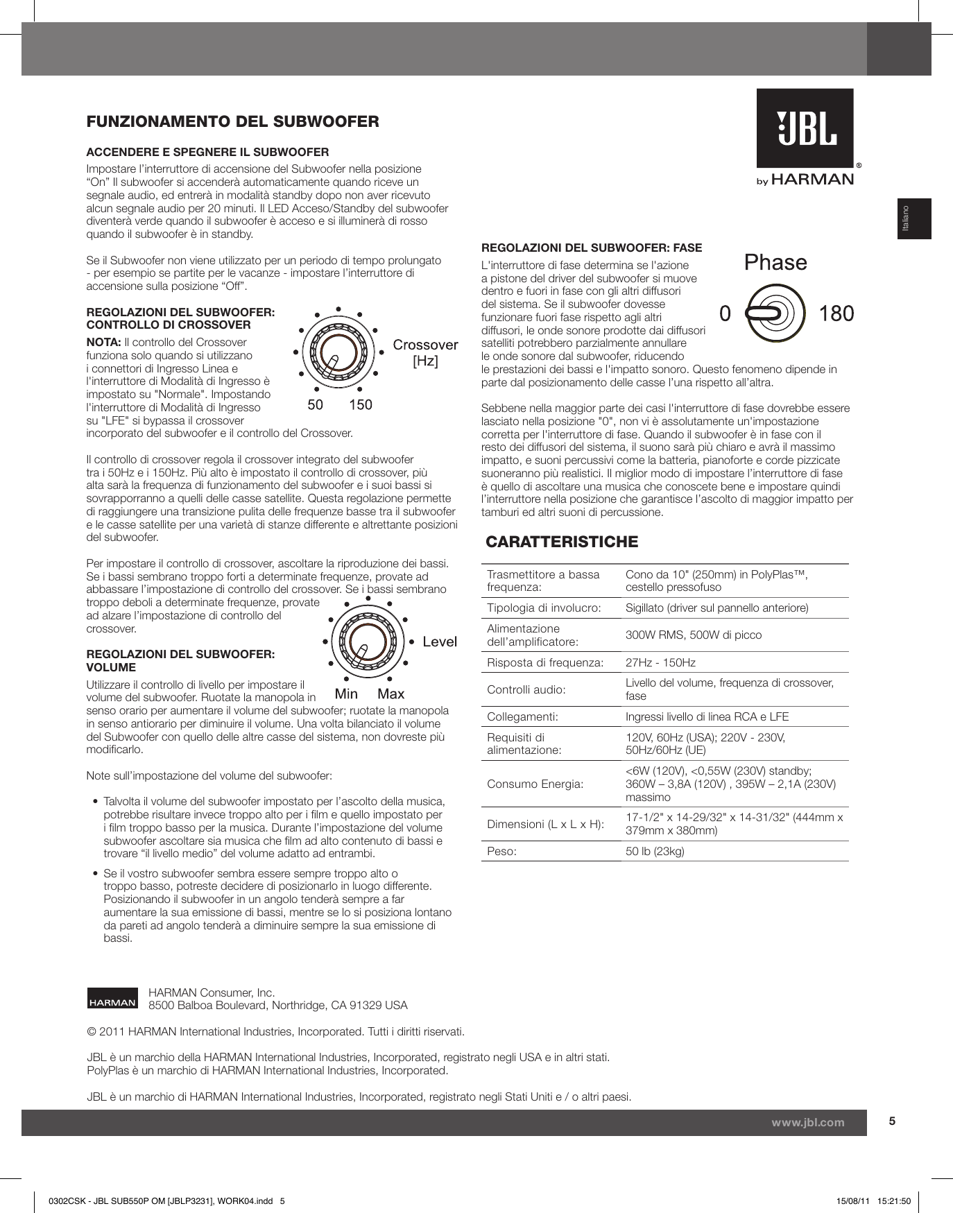 Page 5 of 5 - JBL  Owners Manual - SUB 550P (Italian)