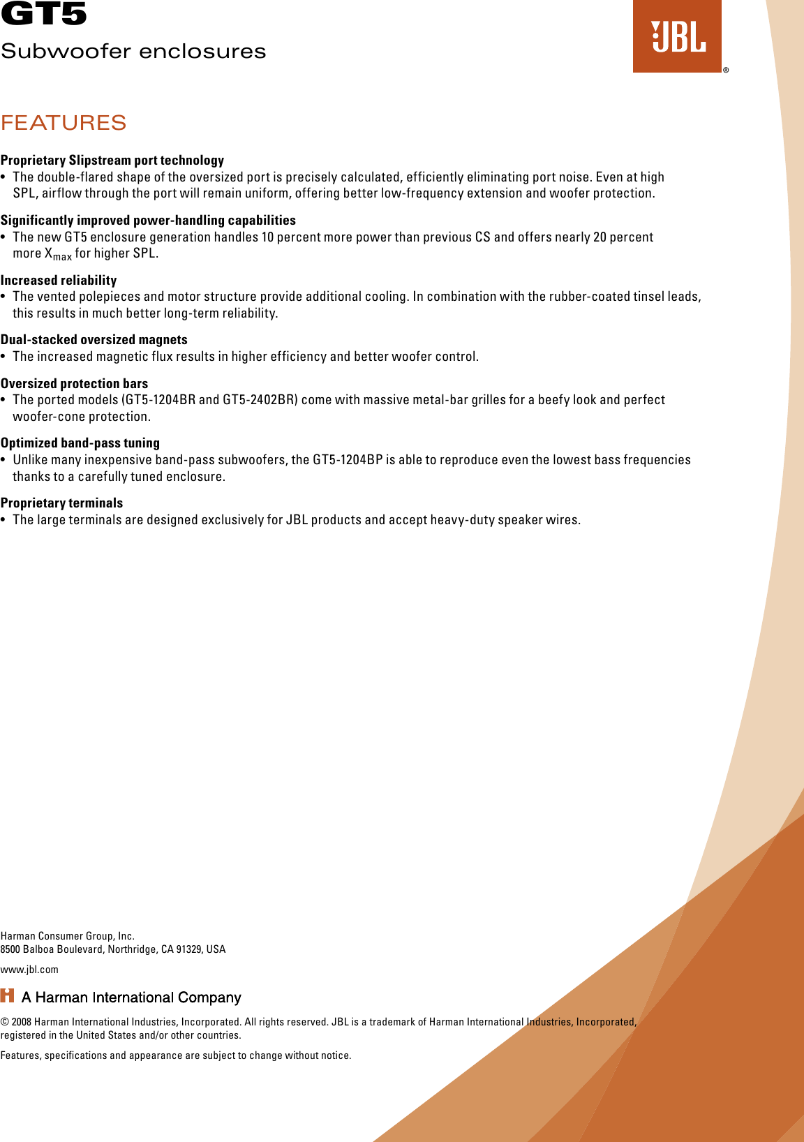 Page 2 of 2 - JBL  Specification Sheet - GT5 Subwoofer Enclosures (English EU)