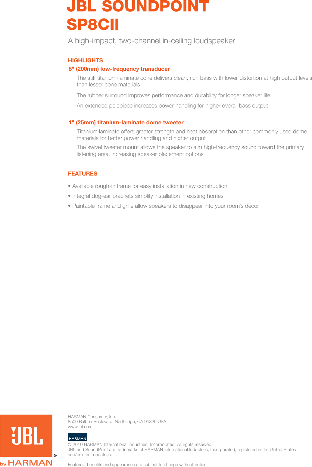 Page 2 of 2 - JBL  Specification Sheet - SP8CII (English EU)