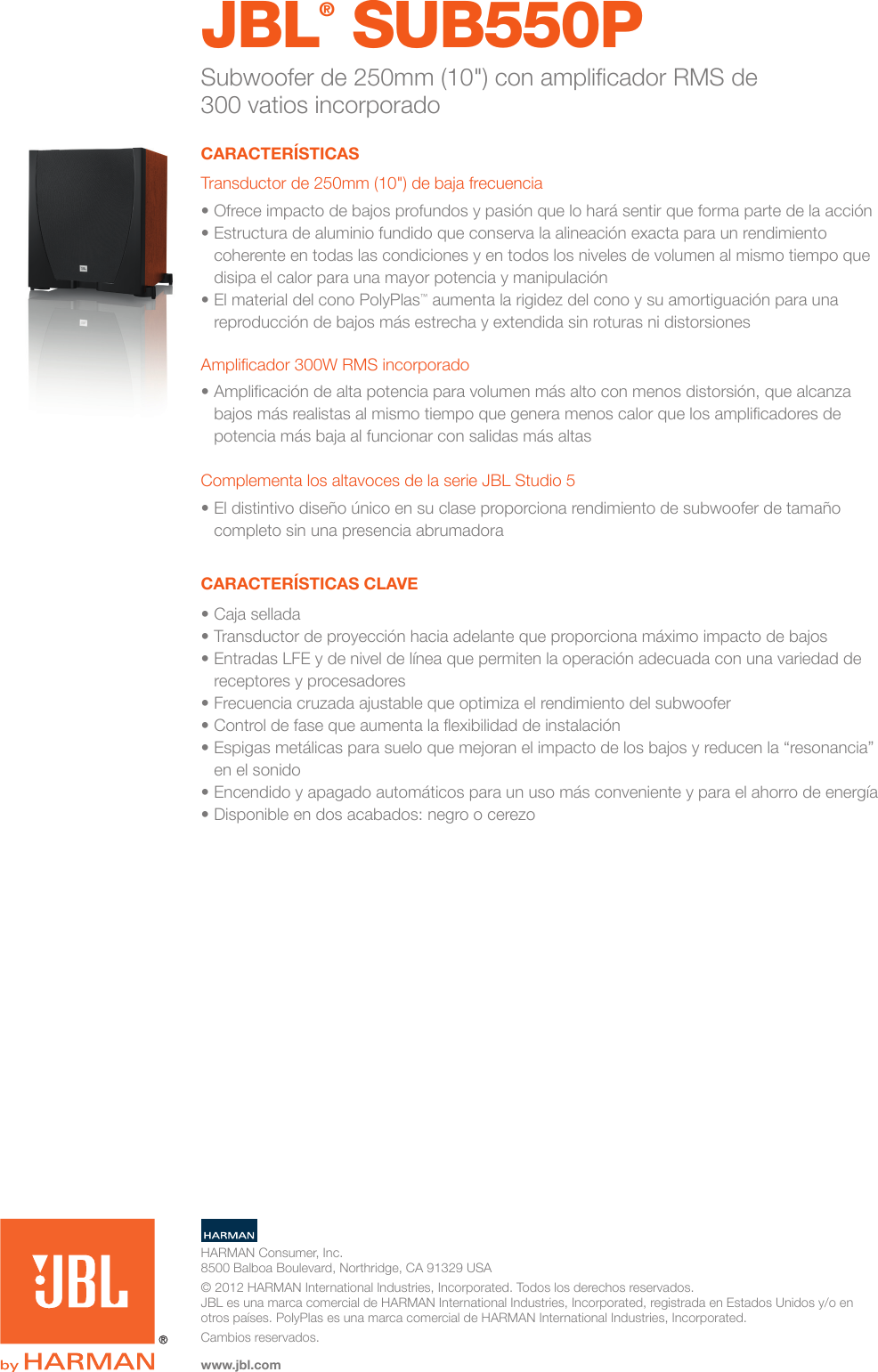 Page 2 of 2 - JBL  Specification Sheet - SUB 550P (Spanish EU)