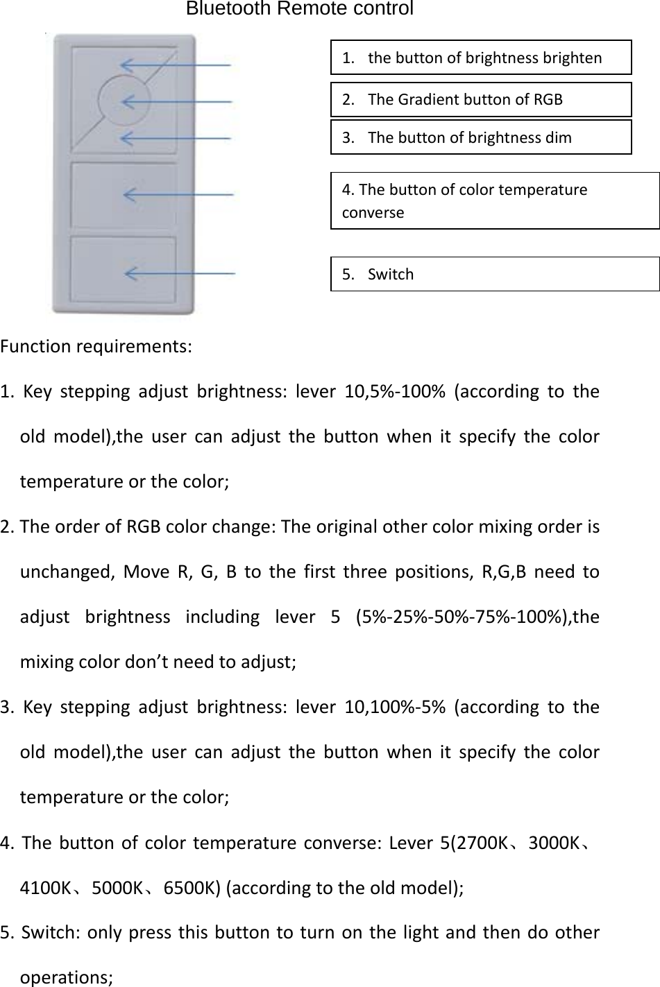 Bluetooth Remote control Functionrequirements:1.Keysteppingadjustbrightness:lever10,5%‐100%(accordingtotheoldmodel),theusercanadjustthebuttonwhenitspecifythecolortemperatureorthecolor;2.TheorderofRGBcolorchange:Theoriginalothercolormixingorderisunchanged,MoveR,G,Btothefirstthreepositions,R,G,Bneedtoadjustbrightnessincludinglever5(5%‐25%‐50%‐75%‐100%),themixingcolordon’tneedtoadjust;3.Keysteppingadjustbrightness:lever10,100%‐5%(accordingtotheoldmodel),theusercanadjustthebuttonwhenitspecifythecolortemperatureorthecolor;4.Thebuttonofcolortemperatureconverse:Lever5(2700K、3000K、4100K、5000K、6500K)(accordingtotheoldmodel);5.Switch:onlypressthisbuttontoturnonthelightandthendootheroperations;1. thebuttonofbrightnessbrighten2. TheGradientbuttonofRGB3. Thebuttonofbrightnessdim4.Thebuttonofcolortemperatureconverse5. Switch