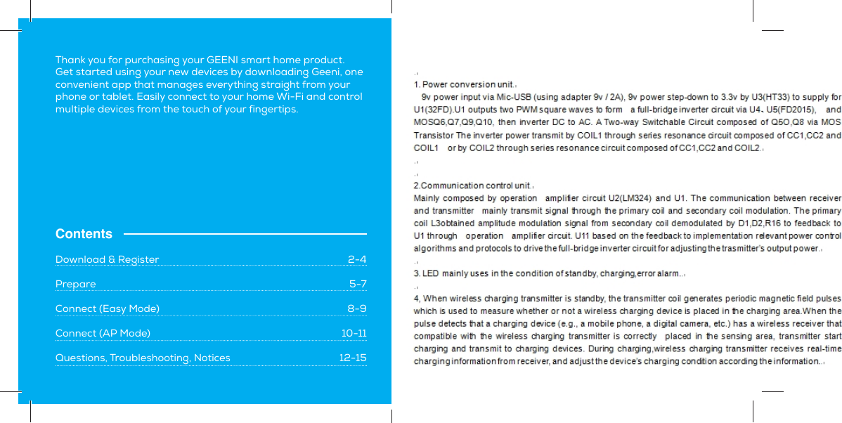 ContentsDownload &amp; Register  2-4Prepare 5-7Connect (Easy Mode)  8-9Connect (AP Mode)  10-11Questions, Troubleshooting, Notices  12-15Thank you for purchasing your GEENI smart home product.Get started using your new devices by downloading Geeni, one convenient app that manages everything straight from your phone or tablet. Easily connect to your home Wi-Fi and control multiple devices from the touch of your fingertips.