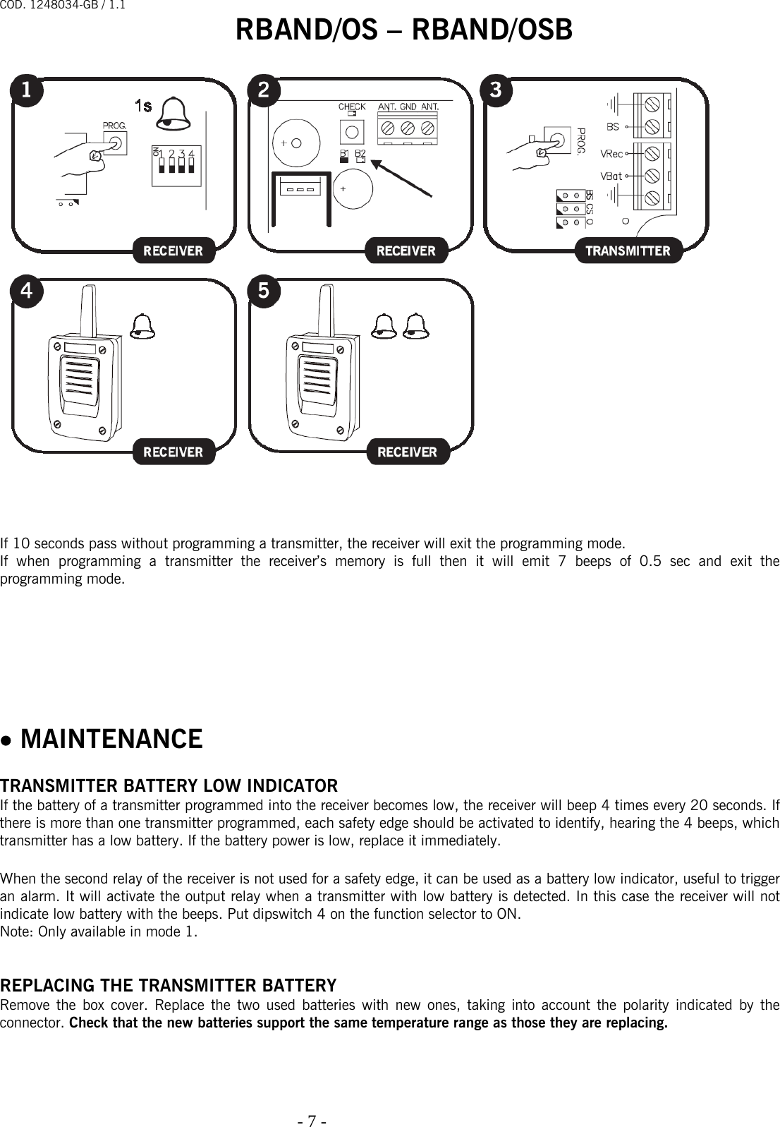 COD. 1248034-GB / 1.1 RBAND/OS – RBAND/OSB   - 7 -                                                                                       If 10 seconds pass without programming a transmitter, the receiver will exit the programming mode. If when programming a transmitter the receiver’s memory is full then it will emit 7 beeps of 0.5 sec and exit the programming mode.      • MAINTENANCE   TRANSMITTER BATTERY LOW INDICATOR If the battery of a transmitter programmed into the receiver becomes low, the receiver will beep 4 times every 20 seconds. If there is more than one transmitter programmed, each safety edge should be activated to identify, hearing the 4 beeps, which transmitter has a low battery. If the battery power is low, replace it immediately.  When the second relay of the receiver is not used for a safety edge, it can be used as a battery low indicator, useful to trigger an alarm. It will activate the output relay when a transmitter with low battery is detected. In this case the receiver will not indicate low battery with the beeps. Put dipswitch 4 on the function selector to ON. Note: Only available in mode 1.    REPLACING THE TRANSMITTER BATTERY Remove the box cover. Replace the two used batteries with new ones, taking into account the polarity indicated by the connector. Check that the new batteries support the same temperature range as those they are replacing.   