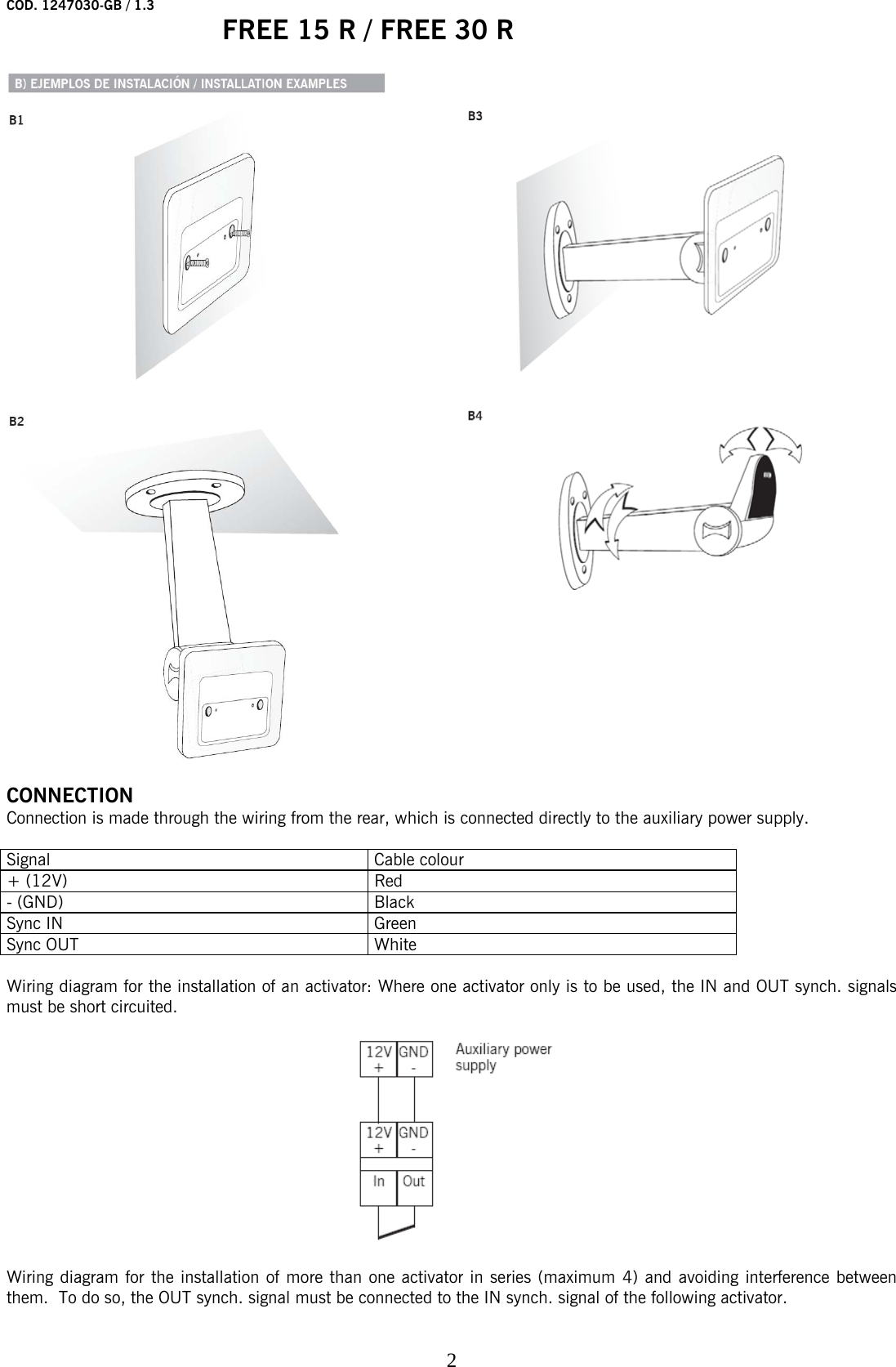 COD. 1247030-GB / 1.3   FREE 15 R / FREE 30 R    2   CONNECTION Connection is made through the wiring from the rear, which is connected directly to the auxiliary power supply.   Signal Cable colour + (12V)  Red - (GND)  Black Sync IN  Green Sync OUT  White  Wiring diagram for the installation of an activator: Where one activator only is to be used, the IN and OUT synch. signals must be short circuited.      Wiring diagram for the installation of more than one activator in series (maximum 4) and avoiding interference between them.  To do so, the OUT synch. signal must be connected to the IN synch. signal of the following activator.    