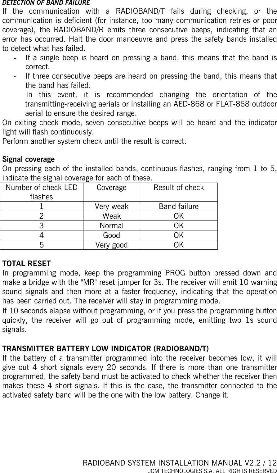  RADIOBAND SYSTEM INSTALLATION MANUAL V2.2 / 12 JCM TECHNOLOGIES S.A. ALL RIGHTS RESERVED  DETECTION OF BAND FAILURE If the communication with a RADIOBAND/T fails during checking, or the communication is deficient (for instance, too many communication retries or poor coverage), the RADIOBAND/R emits three consecutive beeps, indicating that an error has occurred. Halt the door manoeuvre and press the safety bands installed to detect what has failed.  -  If a single beep is heard on pressing a band, this means that the band is correct.  -  If three consecutive beeps are heard on pressing the band, this means that the band has failed.  In this event, it is recommended changing the orientation of the transmitting-receiving aerials or installing an AED-868 or FLAT-868 outdoor aerial to ensure the desired range. On exiting check mode, seven consecutive beeps will be heard and the indicator light will flash continuously. Perform another system check until the result is correct.  Signal coverage On pressing each of the installed bands, continuous flashes, ranging from 1 to 5, indicate the signal coverage for each of these. Number of check LED flashes Coverage  Result of check 1  Very weak  Band failure 2 Weak OK 3 Normal OK 4 Good OK 5 Very good OK  TOTAL RESET In programming mode, keep the programming PROG button pressed down and make a bridge with the &quot;MR&quot; reset jumper for 3s. The receiver will emit 10 warning sound signals and then more at a faster frequency, indicating that the operation has been carried out. The receiver will stay in programming mode. If 10 seconds elapse without programming, or if you press the programming button quickly, the receiver will go out of programming mode, emitting two 1s sound signals.  TRANSMITTER BATTERY LOW INDICATOR (RADIOBAND/T) If the battery of a transmitter programmed into the receiver becomes low, it will give out 4 short signals every 20 seconds. If there is more than one transmitter programmed, the safety band must be activated to check whether the receiver then makes these 4 short signals. If this is the case, the transmitter connected to the activated safety band will be the one with the low battery. Change it.       