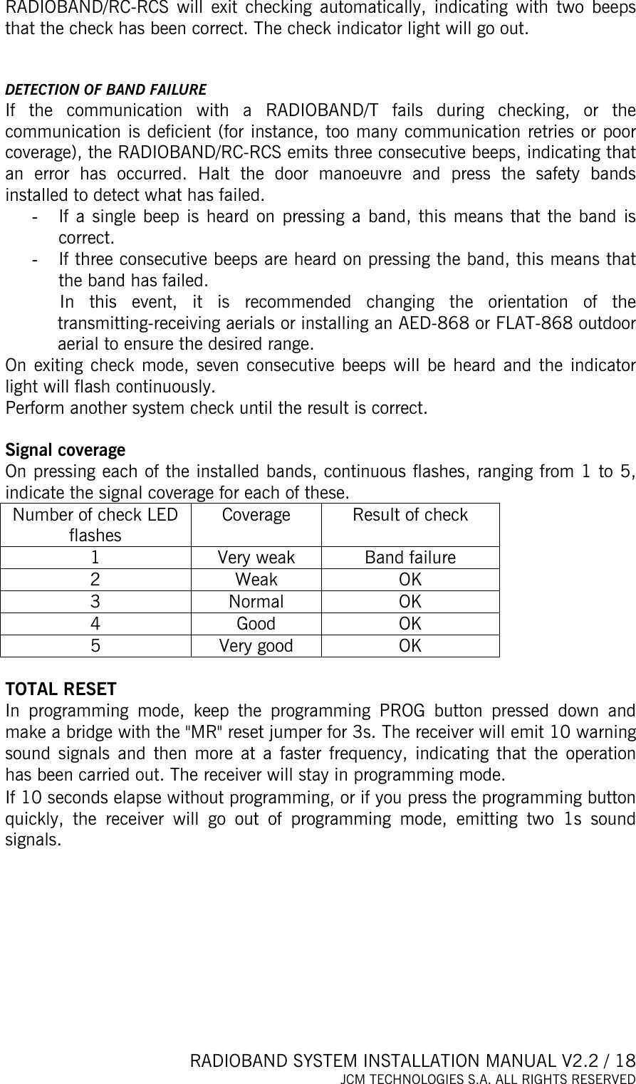  RADIOBAND SYSTEM INSTALLATION MANUAL V2.2 / 18 JCM TECHNOLOGIES S.A. ALL RIGHTS RESERVED  RADIOBAND/RC-RCS will exit checking automatically, indicating with two beeps that the check has been correct. The check indicator light will go out.   DETECTION OF BAND FAILURE If the communication with a RADIOBAND/T fails during checking, or the communication is deficient (for instance, too many communication retries or poor coverage), the RADIOBAND/RC-RCS emits three consecutive beeps, indicating that an error has occurred. Halt the door manoeuvre and press the safety bands installed to detect what has failed.  -  If a single beep is heard on pressing a band, this means that the band is correct.  -  If three consecutive beeps are heard on pressing the band, this means that the band has failed.  In this event, it is recommended changing the orientation of the transmitting-receiving aerials or installing an AED-868 or FLAT-868 outdoor aerial to ensure the desired range. On exiting check mode, seven consecutive beeps will be heard and the indicator light will flash continuously. Perform another system check until the result is correct.  Signal coverage On pressing each of the installed bands, continuous flashes, ranging from 1 to 5, indicate the signal coverage for each of these. Number of check LED flashes Coverage  Result of check 1  Very weak  Band failure 2 Weak OK 3 Normal OK 4 Good OK 5 Very good OK  TOTAL RESET In programming mode, keep the programming PROG button pressed down and make a bridge with the &quot;MR&quot; reset jumper for 3s. The receiver will emit 10 warning sound signals and then more at a faster frequency, indicating that the operation has been carried out. The receiver will stay in programming mode. If 10 seconds elapse without programming, or if you press the programming button quickly, the receiver will go out of programming mode, emitting two 1s sound signals.   