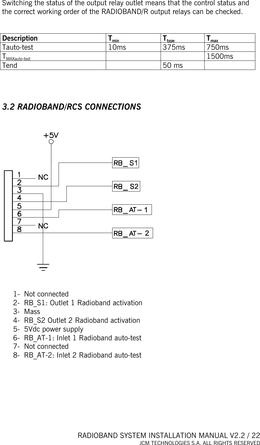  RADIOBAND SYSTEM INSTALLATION MANUAL V2.2 / 22 JCM TECHNOLOGIES S.A. ALL RIGHTS RESERVED  Switching the status of the output relay outlet means that the control status and the correct working order of the RADIOBAND/R output relays can be checked.   Description Tmin Ttype Tmax Tauto-test 10ms 375ms 750ms TMAXauto-test   1500ms Tend  50 ms    3.2 RADIOBAND/RCS CONNECTIONS      1- Not connected 2-  RB_S1: Outlet 1 Radioband activation 3- Mass 4-  RB_S2 Outlet 2 Radioband activation 5-  5Vdc power supply 6-  RB_AT-1: Inlet 1 Radioband auto-test  7- Not connected 8-  RB_AT-2: Inlet 2 Radioband auto-test  