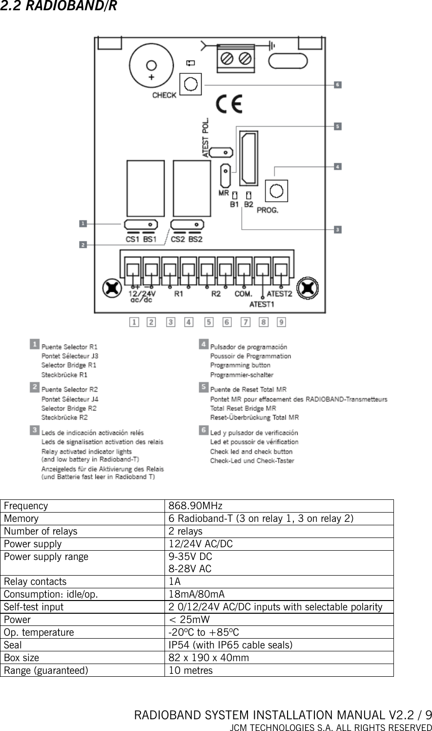  RADIOBAND SYSTEM INSTALLATION MANUAL V2.2 / 9 JCM TECHNOLOGIES S.A. ALL RIGHTS RESERVED  2.2 RADIOBAND/R    Frequency 868.90MHz Memory  6 Radioband-T (3 on relay 1, 3 on relay 2) Number of relays  2 relays Power supply  12/24V AC/DC Power supply range  9-35V DC 8-28V AC Relay contacts  1A Consumption: idle/op.  18mA/80mA Self-test input  2 0/12/24V AC/DC inputs with selectable polarity  Power   &lt; 25mW Op. temperature  -20ºC to +85ºC Seal  IP54 (with IP65 cable seals) Box size  82 x 190 x 40mm Range (guaranteed)  10 metres  