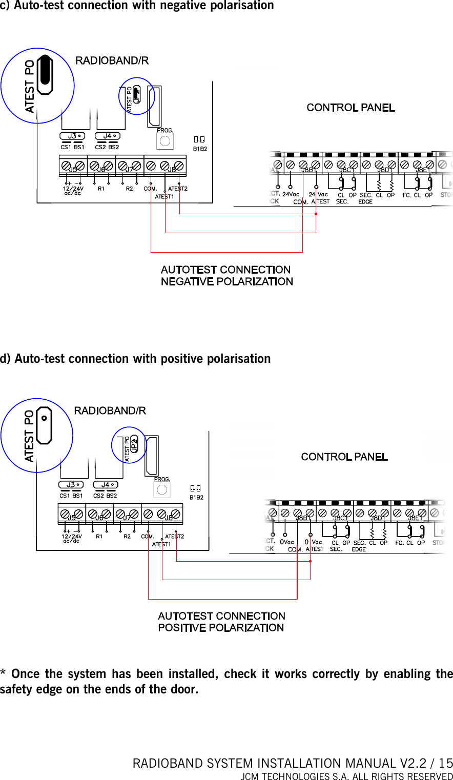  RADIOBAND SYSTEM INSTALLATION MANUAL V2.2 / 15 JCM TECHNOLOGIES S.A. ALL RIGHTS RESERVED  c) Auto-test connection with negative polarisation      d) Auto-test connection with positive polarisation     * Once the system has been installed, check it works correctly by enabling the safety edge on the ends of the door.  