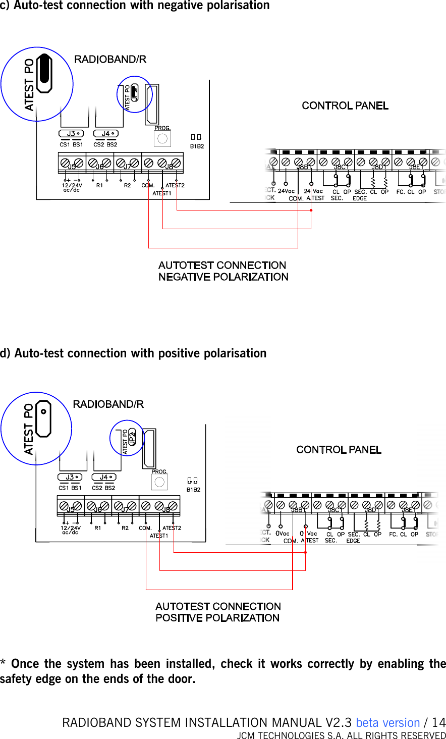   RADIOBAND SYSTEM INSTALLATION MANUAL V2.3 beta version / 14 JCM TECHNOLOGIES S.A. ALL RIGHTS RESERVED    c) Auto-test connection with negative polarisation      d) Auto-test connection with positive polarisation     * Once the system has been installed, check it works correctly by enabling the safety edge on the ends of the door.  