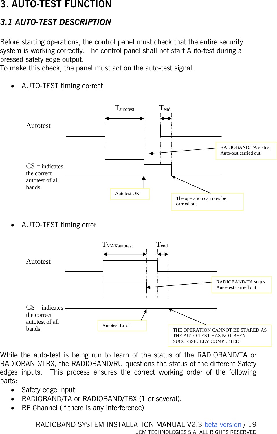   RADIOBAND SYSTEM INSTALLATION MANUAL V2.3 beta version / 19 JCM TECHNOLOGIES S.A. ALL RIGHTS RESERVED  3. AUTO-TEST FUNCTION 3.1 AUTO-TEST DESCRIPTION   Before starting operations, the control panel must check that the entire security system is working correctly. The control panel shall not start Auto-test during a pressed safety edge output. To make this check, the panel must act on the auto-test signal.  • AUTO-TEST timing correct                 • AUTO-TEST timing error               While the auto-test is being run to learn of the status of the RADIOBAND/TA or RADIOBAND/TBX, the RADIOBAND/RU questions the status of the different Safety edges inputs.  This process ensures the correct working order of the following parts:  • Safety edge input • RADIOBAND/TA or RADIOBAND/TBX (1 or several). • RF Channel (if there is any interference) Autotest CS = indicates the correct autotest of all bands RADIOBAND/TA status Auto-test carried out Autotest OK Tautotest Tend The operation can now be carried out Autotest RADIOBAND/TA status Auto-test carried out Autotest Error  TMAXautotest Tend THE OPERATION CANNOT BE STARED AS THE AUTO-TEST HAS NOT BEEN SUCCESSFULLY COMPLETED CS = indicates the correct autotest of all bands 