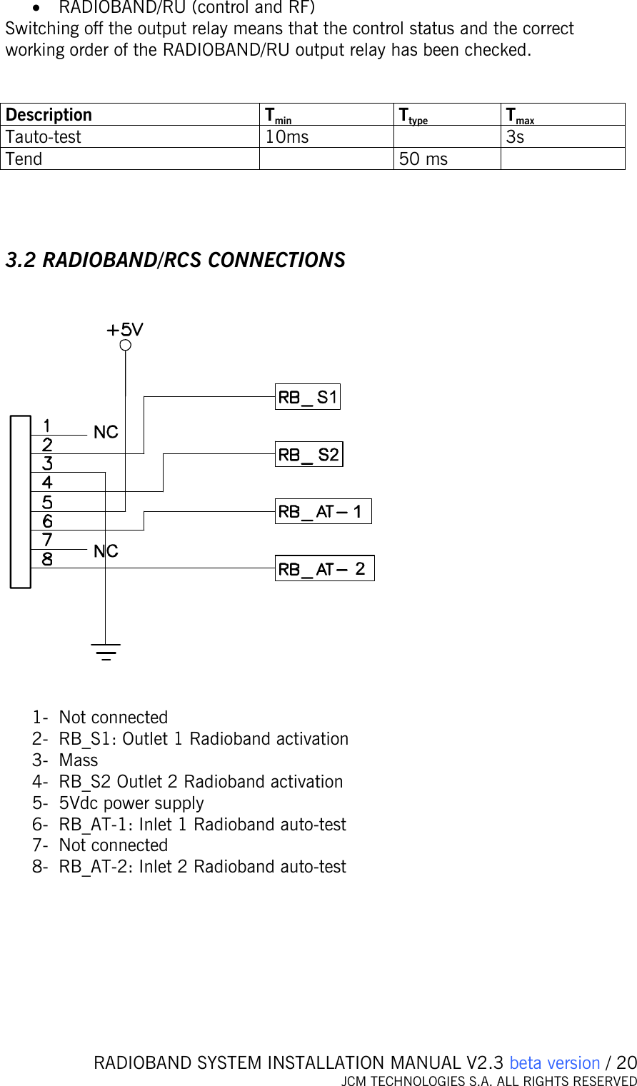   RADIOBAND SYSTEM INSTALLATION MANUAL V2.3 beta version / 20 JCM TECHNOLOGIES S.A. ALL RIGHTS RESERVED  • RADIOBAND/RU (control and RF) Switching off the output relay means that the control status and the correct working order of the RADIOBAND/RU output relay has been checked.   Description Tmin Ttype Tmax Tauto-test 10ms   3s Tend  50 ms    3.2 RADIOBAND/RCS CONNECTIONS      1- Not connected 2- RB_S1: Outlet 1 Radioband activation 3- Mass 4- RB_S2 Outlet 2 Radioband activation 5- 5Vdc power supply 6- RB_AT-1: Inlet 1 Radioband auto-test  7- Not connected 8- RB_AT-2: Inlet 2 Radioband auto-test  