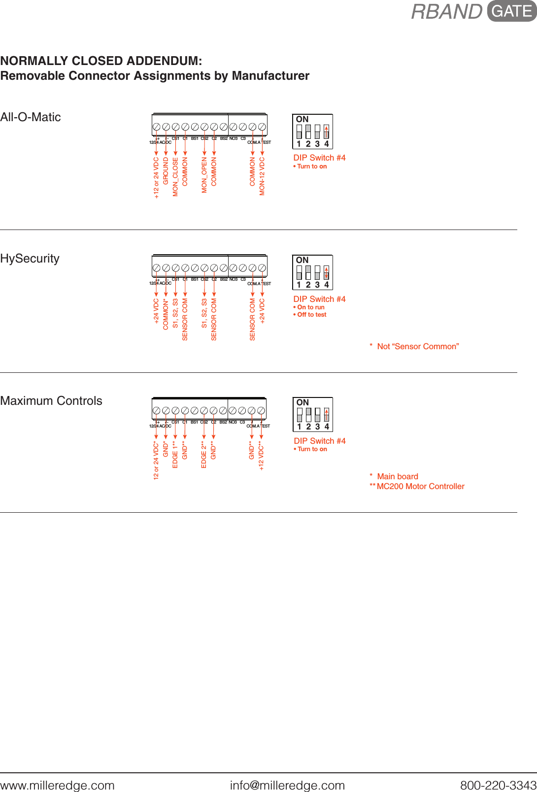 www.milleredge.com        info@milleredge.com        800-220-3343NORMALLY CLOSED ADDENDUM:  Removable Connector Assignments by ManufacturerAll-O-MaticCS1 C1 BS1 CS2 C2 BS2 NO3 C3COM.A TEST12/24 AC/DC+ -+12 or 24 VDCGROUNDMON_CLOSECOMMONMON_OPENCOMMONCOMMONMON-12 VDCON1 2 3 4DIP Switch #4• Turn to onHySecurityCS1 C1 BS1 CS2 C2 BS2 NO3 C3COM.A TEST12/24 AC/DC+ -+24 VDCCOMMON*S1, S2, S3SENSOR COMS1, S2, S3SENSOR COMSENSOR COM+24 VDCON1 2 3 4DIP Switch #4• On to run• Off to test*  Not “Sensor Common”Maximum ControlsCS1 C1 BS1 CS2 C2 BS2 NO3 C3COM.A TEST12/24 AC/DC+ -12 or 24 VDC*GND*EDGE 1**GND**EDGE 2**GND**GND**+12 VDC**ON1 2 3 4DIP Switch #4• Turn to on*  Main board** MC200 Motor Controller