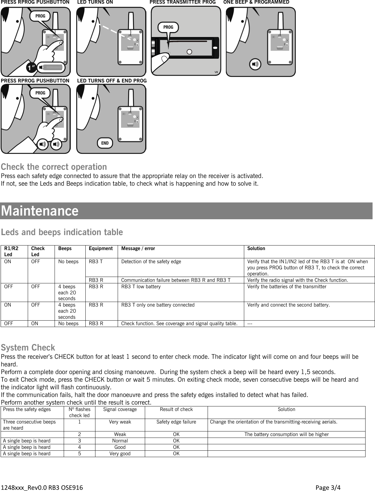 1248xxx_Rev0.0 RB3 OSE916        Page 3/4 PRESS RPROG PUSHBUTTON     LED TURNS ON                   PRESS TRANSMITTER PROG     ONE BEEP &amp; PROGRAMMED           PRESS RPROG PUSHBUTTON     LED TURNS OFF &amp; END PROG                            Check the correct operation Press each safety edge connected to assure that the appropriate relay on the receiver is activated.  If not, see the Leds and Beeps indication table, to check what is happening and how to solve it.   Maintenance  Leds and beeps indication table  R1/R2 Led Check Led Beeps Equipment Message / error Solution ON OFF No beeps RB3 T Detection of the safety edge Verify that the IN1/IN2 led of the RB3 T is at  ON when you press PROG button of RB3 T, to check the correct operation.  RB3 R Communication failure between RB3 R and RB3 T Verify the radio signal with the Check function. OFF OFF 4 beeps each 20 seconds RB3 R RB3 T low battery  Verify the batteries of the transmitter ON OFF 4 beeps each 20 seconds RB3 R RB3 T only one battery connected Verify and connect the second battery. OFF ON No beeps RB3 R Check function. See coverage and signal quality table. ---   System Check Press the receiver’s CHECK button for at least 1 second to enter check mode. The indicator light will come on and four beeps will be heard.  Perform a complete door opening and closing manoeuvre.  During the system check a beep will be heard every 1,5 seconds. To exit Check mode, press the CHECK button or wait 5 minutes. On exiting check mode, seven consecutive beeps will be heard and the indicator light will flash continuously. If the communication fails, halt the door manoeuvre and press the safety edges installed to detect what has failed.  Perform another system check until the result is correct. Press the safety edges Nº flashes  check led Signal coverage Result of check Solution Three consecutive beeps are heard 1 Very weak Safety edge failure Change the orientation of the transmitting-receiving aerials.  2 Weak OK The battery consumption will be higher A single beep is heard 3 Normal OK  A single beep is heard 4 Good OK  A single beep is heard 5 Very good OK    