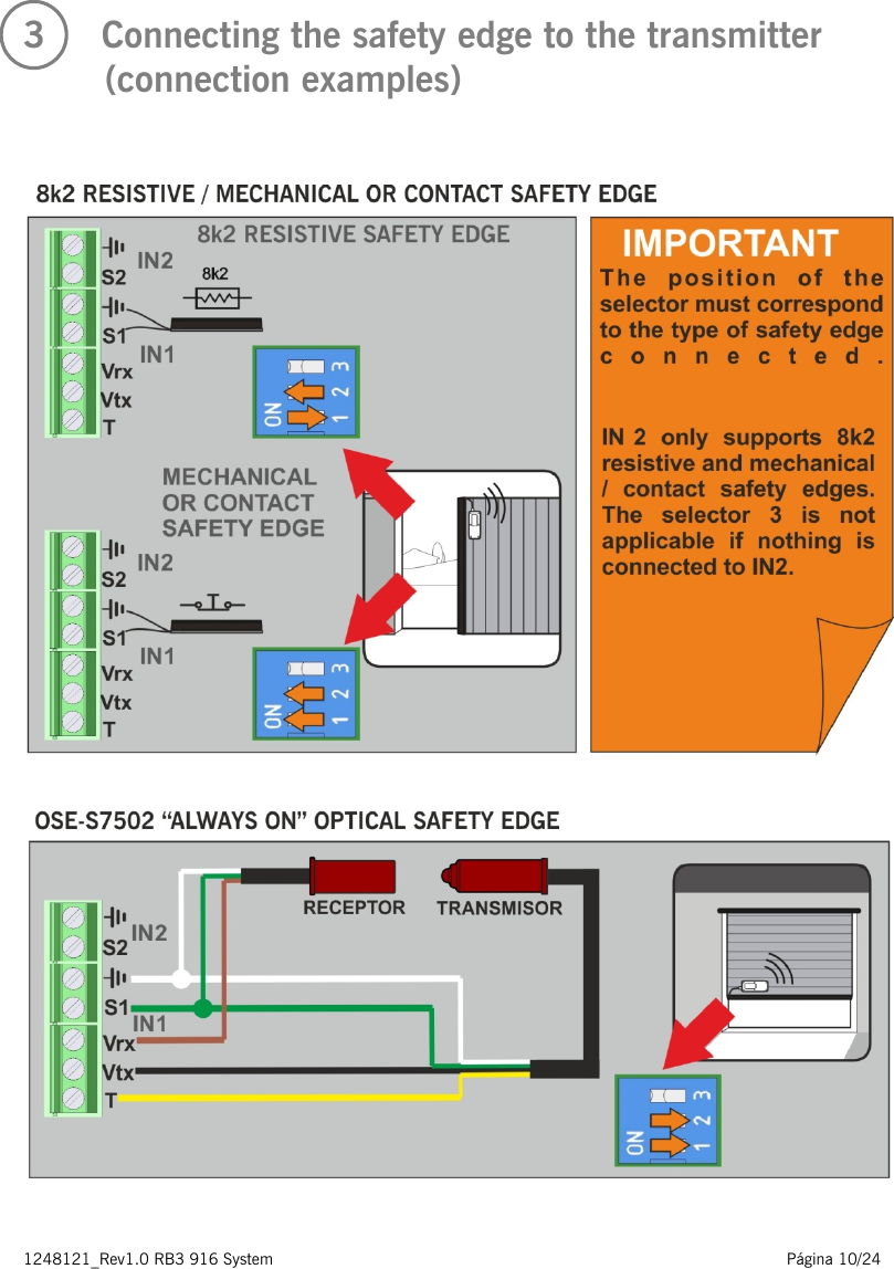 1248121_Rev1.0 RB3 916 System                                                                                                          Página 10/24    3     Connecting the safety edge to the transmitter (connection examples)     