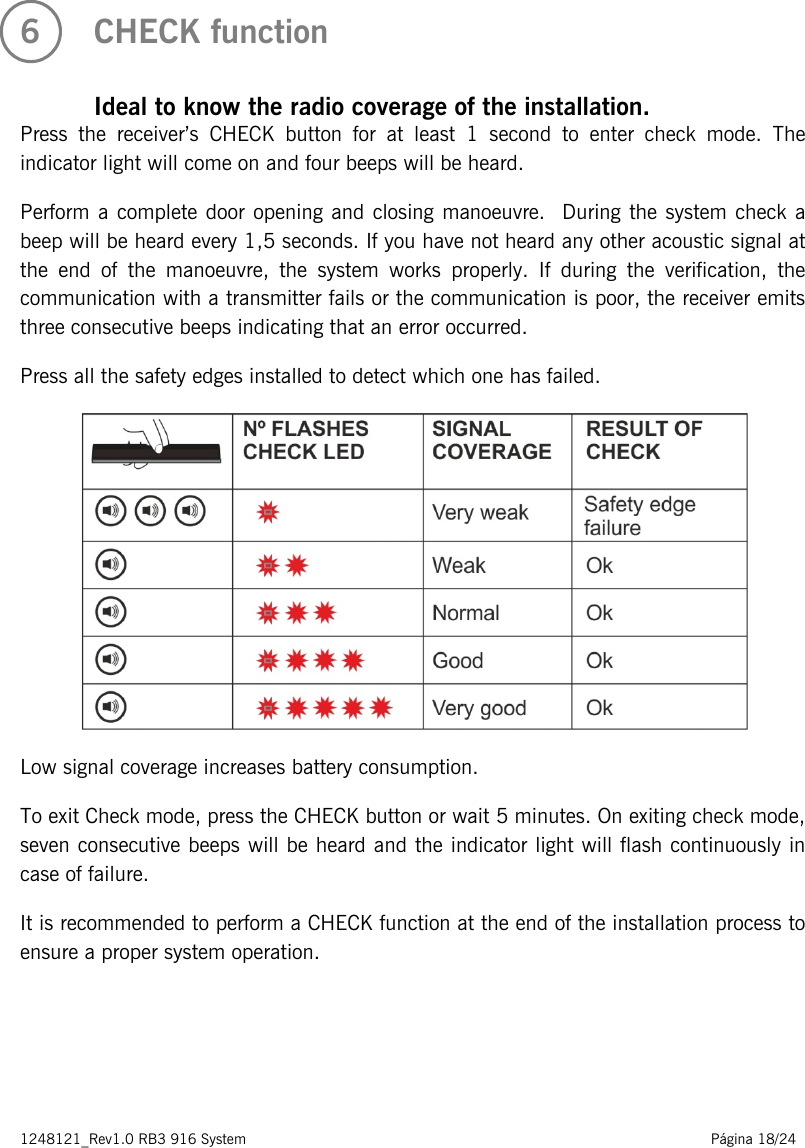 1248121_Rev1.0 RB3 916 System                                                                                                          Página 18/24    6   CHECK function   Ideal to know the radio coverage of the installation. Press the receiver’s CHECK button for at least 1 second to enter check mode. The indicator light will come on and four beeps will be heard.  Perform a complete door opening and closing manoeuvre.  During the system check a beep will be heard every 1,5 seconds. If you have not heard any other acoustic signal at the end of the manoeuvre, the system works properly. If during the verification, the communication with a transmitter fails or the communication is poor, the receiver emits three consecutive beeps indicating that an error occurred.  Press all the safety edges installed to detect which one has failed.   Low signal coverage increases battery consumption. To exit Check mode, press the CHECK button or wait 5 minutes. On exiting check mode, seven consecutive beeps will be heard and the indicator light will flash continuously in case of failure. It is recommended to perform a CHECK function at the end of the installation process to ensure a proper system operation.       