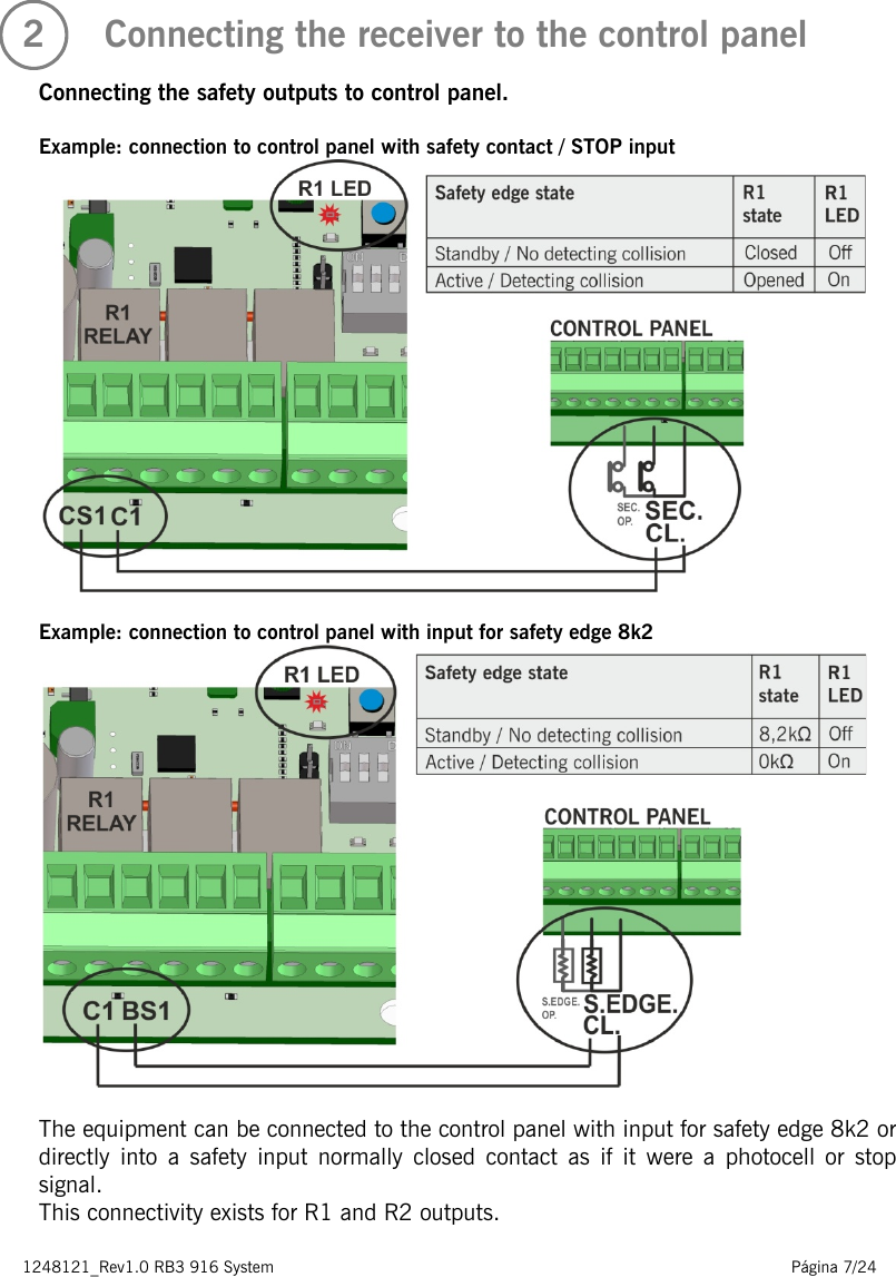 1248121_Rev1.0 RB3 916 System                                                                                                          Página 7/24    2     Connecting the receiver to the control panel  Connecting the safety outputs to control panel.  Example: connection to control panel with safety contact / STOP input   Example: connection to control panel with input for safety edge 8k2   The equipment can be connected to the control panel with input for safety edge 8k2 or directly into a safety input normally closed contact as if it were a photocell or stop signal. This connectivity exists for R1 and R2 outputs.   