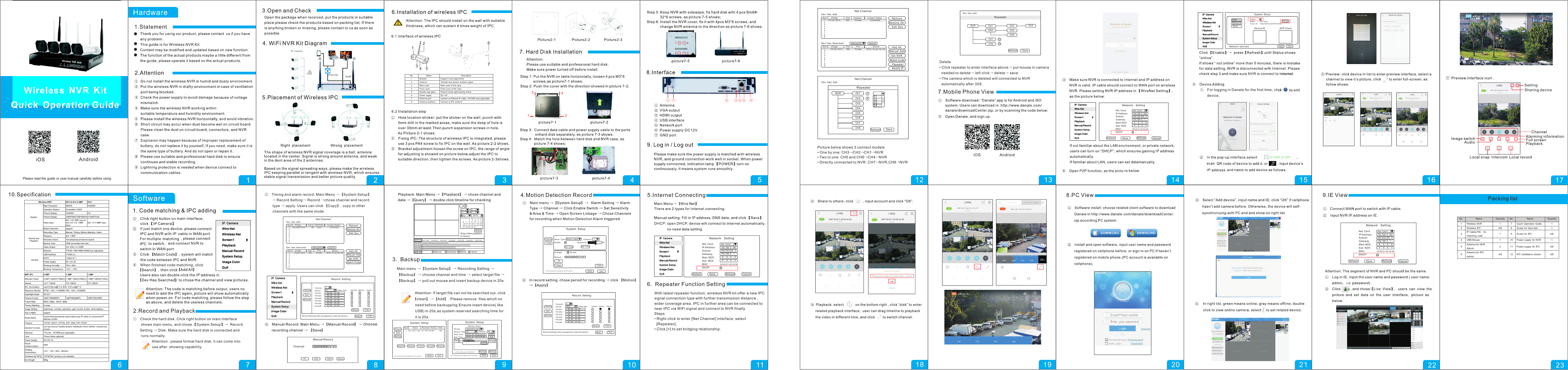 Please read the guide or user manual carefully before usingNo. Name Description1 Bracket Support 3 axis adjustment2 Antenna Transfer and receive wireless signal3 Rear cover Rear cover of the case4 Front cover Front cover of the case5 Double loop glass Prevent inside light-leaking of lens6 Power supply DC 12V7 Ethernet port connect to Ethernet IP cable, 10/100M auto-adjustable8 Antenna interface Connect to IPC antennaWhen finished code matching, clickNo. Name Quantity No. Name Quantity1 Wireless NVR 1 7 Quick Operation Guide 12 Wireless IPC 4/8 8 Screw for hard disk 13IP Cable(1M) formatching code 1 9 Screw for IPC 4/84 USB Mouse 1 10 Power supply for NVR 15Antenna for NVR(black) 2 11 Power supply for IPC 4/86Antenna for IPC(white) 4/8 12 IPC installation sticker 4/812341096512 13 14 1518 21 221.Statement12341243① ⑦        ②   ③④ ⑤  ⑥16Main menu &rarr;【System Setup】&rarr; Recording Setting &rarr;【Backup】&rarr; choose channel and time &rarr; select target file &rarr;【Backup】&rarr; pull out mouse and insert backup device in 20s                                    Attention: If target file can not be searched out, click                 【clean】&rarr;【Add】. Please remove  files which no                   need before backupping.Ensure insert device( like                   USB) in 20s,as system reserved searching time for                   it is 20s.IP CameraWire NetWireless NetScreen1PlaybackManual RecordSystem SetupImage ColorQuit2016-04-2 0   8:30:59System SetupRecor dDiskBacku pNum     Nam e         Residual/Rot al   State1  /dev/sda1(usb) 28.76G/2 8.8 5G      Id leQuitApplyDetec tionRemov eForma tUnins tallBacku p QueryQuitApplyBacku pRemov eDevic eRecor d TypeStart Tim eEnd TimeBacku pingcance l6    3                               29 . 0 0M B/dev/s dc1(usb)All2016-0 4-20   8:00:00chann el         AllcleanAddSize(K B)NumSystem SetupBacku pRec ord Set tings ,disk m anage ment, video f ile bac kup.nee d/rem ainin g space :2.30 G/28. 86GRec ord Set tings ,disk m anage ment, video f ile bac kup.1234Apr 2016SUN MON T UE W ED T HU F RI S AT1  2   3  4  56   7    8   9  10  11 1213 14 15 1 6 17 18 1920 21   23 24 25 2 627 28 29 3 0 3122Queryzoom inzoom outchannel01Manual      Scheduie     Motio n     Alarm10:1 7:55      10 :22:5 5      10:27 :55      1 0: 32: 55      10:3 7:55      10 :42:5 5      10:47 :55channel02channel03channel04System SetupQuitChannelLocalAlarm Type                    Channel    Enable                  Sensitivity                 50Motion date 1Set Area Set TimeLinkage         Screen           RecordAllClean CopyApply&radic;&radic;Rec ord Set tings ,disk m anage ment, video f ile bac kup.Record SettingChann elPerio d123456Perio dPerio dPerio dPerio dPerio dPerio d1Wed Video type     n ormal  notion   A lar m00:00: -23:5900:00: -23:5900:00: -23:5900:00: -23:5900:00: -23:5900:00: -23:59Defau lt Co pyBacku oDiskRecor dApply Q uitRecord Sett ings,disk man agem ent,video fil e backup.Stop video playback to Query&radic;&radic; &radic; &radic;Network  SettingNet CardIP AddressSubnetGatewayMain NDSSub NDSMACDHCPNet Card1192.168. 0 .166255.255.255.  0192.168. 0.   1  8  .   8  .  8  .   8  8  .   8  .  8  .   4  00:00:01:02:03:08Default Save Refresh Cancel6.  Repeater Function SettingWith latest repeater function, wireless NVR kit offer a new IPC signal connection type with further transmission distance , wider coverage area. IPC in further area can be connected to near IPC via WiFi signal and connect to NVR finally.Steps&bull; Right-click to enter [Net Channel] interface, select   [Repeater];&bull; Click [+] to set bridging relationship.Net ChannelDev Has AddNum IP Addr Prot Protocol Co nnect Status RemoveRemove AllEdit DevDev Has SearchedAdd AllManual AddSet NVRMatch CodePRIVATE searchNum IP Addr Prot      Prot Device123456789172.25.123 .4           554           Private                 Connecte d123456789    172.25.123 .3        554          Private          20:f4:1b:b a:5e:5dPepeaterModify IPNet ChannelDev Has AddRepeaterNVR Ch1Ch2Ch3Ch4Ch5Ch6Ch7Ch8++01020304Refresh SavePicture below shows 3 connect models &bull; One by one: CH3&rarr;CH2&rarr;CH1&rarr;NVR&bull; Two to one: CH5 and CH6&rarr;CH4&rarr;NVR&bull; Directly connected to NVR: CH7&rarr;NVR,CH8&rarr;NVRDev Has AddNVR Ch1Ch4Ch2 Ch3Ch5Ch6Ch7Ch8++Refresh SaveRepeaterDelete &bull; Click repeater to enter interface above&rarr; put mouse in camera   needed to delete&rarr; left click&rarr; delete&rarr; save.&bull; The camera which is deleted will connected to NVR   automatically after 30S.2.Record and Playback①　Check the hard disk. Click right button on main interface         shows main menu, and chose 【System Setup】&rarr; Record        Setting &rarr; Disk. Make sure the hard disk is connected and         runs normally.                   Attention : please format hard disk, it can come into                    use after  showing capability.3.  Backup7118iOS Android IP CameraWire NetWireless NetScreen1PlaybackManual RecordSystem SetupImage ColorQuitWireless NVR KitQuick Operation Guide4.Motion Detection Record 8.PC View 9.IE View17GMT 2016-7- 25 20:44:28 GMT 2016-7- 25 20:44:28①　For logging in Danale for the first time, click  to add device.IP CameraWire NetWireless NetScreen1PlaybackManual RecordSystem SetupImage ColorQuitSyetem SetupEnab leStat us       Not onl ineDevi ce ID      6 44a20 35b 7c255 400 71d42 aP2PNetworkQuitAppl yPortRefr eshDevice ID                       APP Client&radic;Network servicesIP CameraWire NetWireless NetScreen1PlaybackManual RecordSystem SetupImage ColorQuitNetwork  SettingNet CardIP AddressSubnetGatewayMain NDSSub NDSMACDHCPNet Card1192.168. 0 .1 66255.255.2 55.  0192.168. 0.   1  8  .   8  .  8  .   8  8  .   8  .  8  .   4  00:00:01: 02:03:08Default Save Refresh Cancelck to a SettingSharing device19 2320②　Timing and alarm record: Main Menu &rarr;【System Setup】      &rarr; Record Setting&rarr; Record &rarr;chose channel and record         type &rarr; apply. Users can click 【Copy】, copy to other         channels with the same mode.Net ChannelDev Has AddNum IP Addr Prot PROTC OL Co nne ct St atus RemoveRemove AllEdit DevDev Has SearchedAdd AllManual AddSet NVRMatch CodePRIVATE searchNum IP Addr Prot      Prot Device123456789192.168. 93. 212              8 0        Onv if                  Co nnected123456789    172.25.1 23. 3        554          P riv ate          20:f4:1b:ba:5e:5dRecord SettingChann elPerio d123456Perio dPerio dPerio dPerio dPerio dPerio d1Fri Vi deo type     No rma l  Motion   Al arm00:00:- 23:5900:00:- 23:5900:00:- 23:5900:00:- 23:5900:00:- 23:5900:00:- 23:59Defau lt CopyBacku pDiskRecor dDefau lt CopyRecord Sett ings,disk managem ent,video file back up.Manual RecordChannel 1 2 3 4 5 6 7clearAll ReturnSave8IP CameraWire NetWireless NetScreen1PlaybackManual RecordSystem SetupImage ColorQuitchooseIP CameraWire NetWireless NetScreen1PlaybackManual RecordSystem SetupImage ColorQuitNetwork  SettingNet CardIP AddressSubnetGatewayMain NDSSub NDSMACDHCPNet Card1192.168. 0 .166255.255.255.  0192.168. 0.   1  8  .   8  .  8  .   8  8  .   8  .  8  .   4  00:00:01:02:03:08Default Save Refresh CanceliOS Android 5.Internet Connecting7.Mobile Phone ViewWirelessNVRKitQuickOperation Guide12345678678