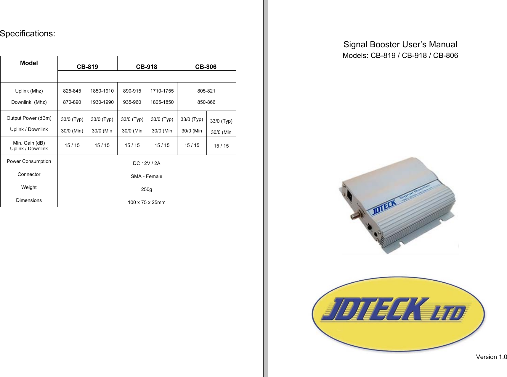  Specifications:                                                                                                                     Signal Booster User’s Manual Models: CB-819 / CB-918 / CB-806  CB-819  CB-918  CB-806 Model   Uplink (Mhz)  Downlink  (Mhz)  825-845  870-890   1850-1910  1930-1990  890-915  935-960  1710-1755 1805-1850  805-821  850-866 Output Power (dBm)  Uplink / Downlink  33/0 (Typ)  30/0 (Min)  33/0 (Typ)  30/0 (Min  33/0 (Typ)  30/0 (Min  33/0 (Typ)  30/0 (Min  33/0 (Typ)  30/0 (Min  33/0 (Typ)  30/0 (Min Min. Gain (dB) Uplink / Downlink  15 / 15  15 / 15  15 / 15  15 / 15  15 / 15  15 / 15 Power Consumption   DC 12V / 2A Connector   SMA - Female Weight   250g Dimensions   100 x 75 x 25mm                      Version 1.0  