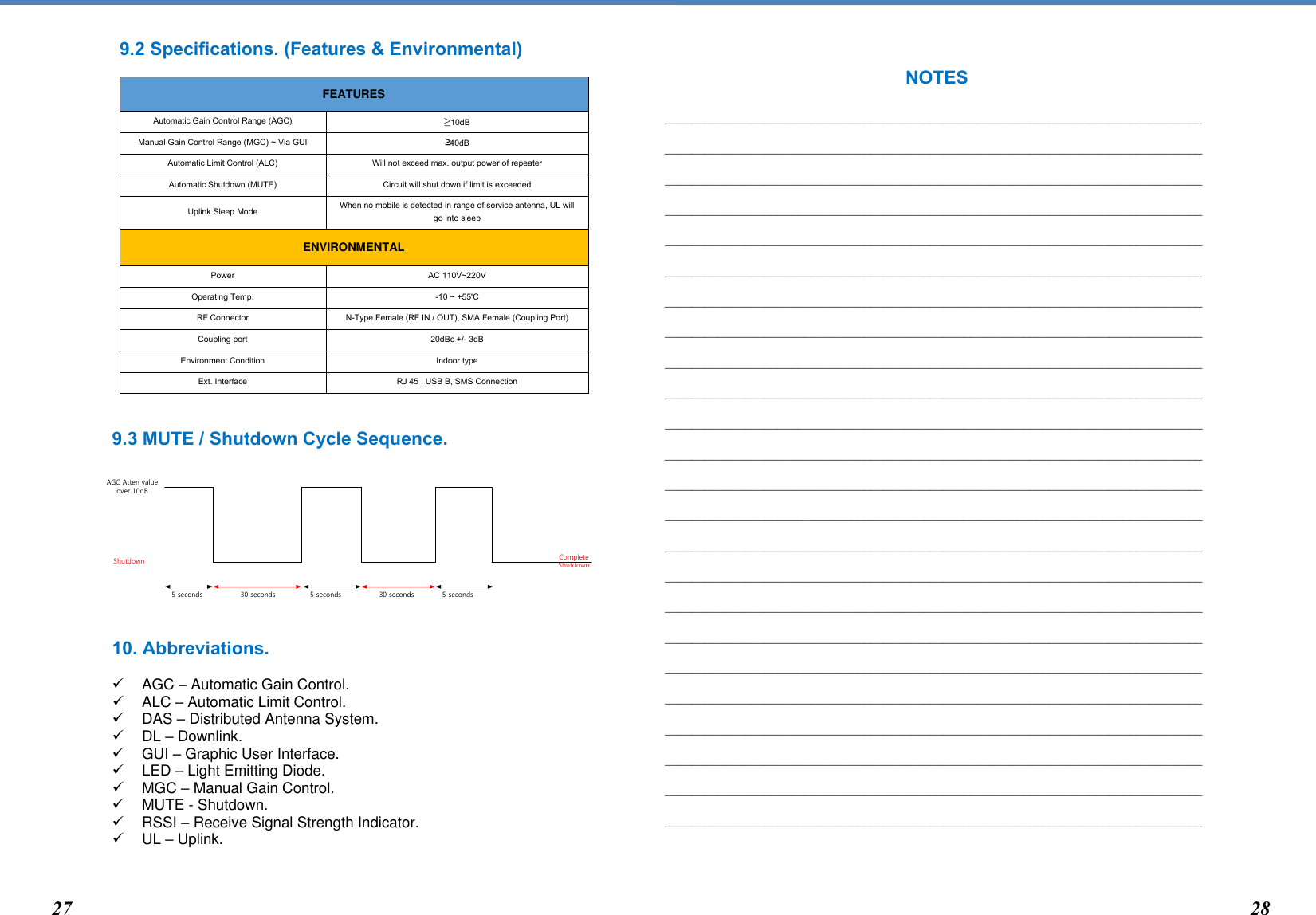  NOTES  _________________________________________________________________________________  _________________________________________________________________________________  _________________________________________________________________________________  _________________________________________________________________________________  _________________________________________________________________________________  _________________________________________________________________________________  _________________________________________________________________________________  _________________________________________________________________________________  _________________________________________________________________________________  _________________________________________________________________________________  _________________________________________________________________________________  _________________________________________________________________________________  _________________________________________________________________________________  _________________________________________________________________________________  _________________________________________________________________________________  _________________________________________________________________________________  _________________________________________________________________________________  _________________________________________________________________________________  _________________________________________________________________________________  _________________________________________________________________________________  _________________________________________________________________________________  _________________________________________________________________________________  _________________________________________________________________________________  _________________________________________________________________________________      9.2 Specifications. (Features &amp; Environmental)  FEATURES Automatic Gain Control Range (AGC) ≥10dB Manual Gain Control Range (MGC) ~ Via GUI ≥40dB Automatic Limit Control (ALC) Will not exceed max. output power of repeater Automatic Shutdown (MUTE) Circuit will shut down if limit is exceeded Uplink Sleep Mode When no mobile is detected in range of service antenna, UL will go into sleep ENVIRONMENTAL Power AC 110V~220V Operating Temp. -10 ~ +55&apos;C RF Connector N-Type Female (RF IN / OUT), SMA Female (Coupling Port) Coupling port 20dBc +/- 3dB Environment Condition Indoor type Ext. Interface RJ 45 , USB B, SMS Connection   9.3 MUTE / Shutdown Cycle Sequence.            10. Abbreviations.     AGC – Automatic Gain Control.   ALC – Automatic Limit Control.    DAS – Distributed Antenna System.   DL – Downlink.   GUI – Graphic User Interface.     LED – Light Emitting Diode.    MGC – Manual Gain Control.     MUTE - Shutdown.    RSSI – Receive Signal Strength Indicator.  UL – Uplink.     18 27 28 AGC Atten value over 10dBShutdown5 seconds 30 seconds 5 seconds 30 seconds 5 secondsComplete Shutdown