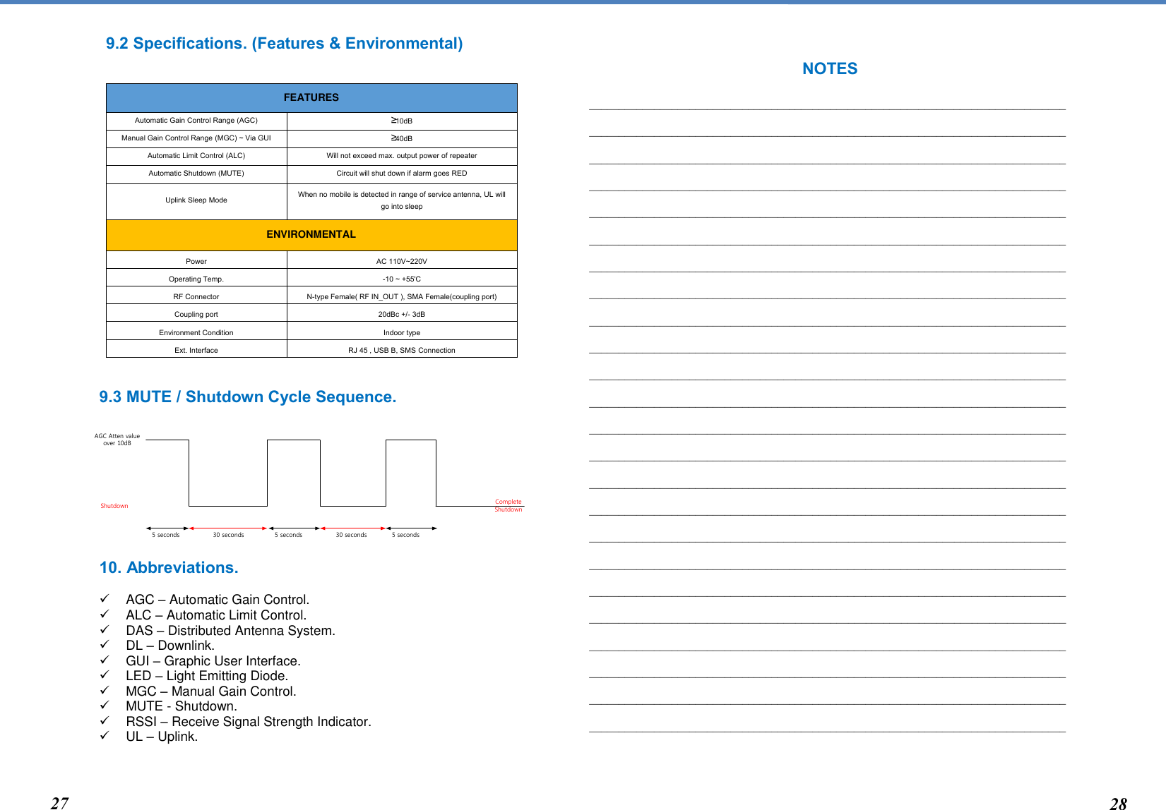  NOTES  _________________________________________________________________________________  _________________________________________________________________________________  _________________________________________________________________________________  _________________________________________________________________________________  _________________________________________________________________________________  _________________________________________________________________________________  _________________________________________________________________________________  _________________________________________________________________________________  _________________________________________________________________________________  _________________________________________________________________________________  _________________________________________________________________________________  _________________________________________________________________________________  _________________________________________________________________________________  _________________________________________________________________________________  _________________________________________________________________________________  _________________________________________________________________________________  _________________________________________________________________________________  _________________________________________________________________________________  _________________________________________________________________________________  _________________________________________________________________________________  _________________________________________________________________________________  _________________________________________________________________________________  _________________________________________________________________________________  _________________________________________________________________________________      9.2 Specifications. (Features &amp; Environmental)   FEATURES Automatic Gain Control Range (AGC) ≥10dB Manual Gain Control Range (MGC) ~ Via GUI ≥40dB Automatic Limit Control (ALC) Will not exceed max. output power of repeater Automatic Shutdown (MUTE) Circuit will shut down if alarm goes RED Uplink Sleep Mode When no mobile is detected in range of service antenna, UL will go into sleep ENVIRONMENTAL Power AC 110V~220V Operating Temp. -10 ~ +55&apos;C RF Connector N-type Female( RF IN_OUT ), SMA Female(coupling port) Coupling port 20dBc +/- 3dB Environment Condition Indoor type Ext. Interface RJ 45 , USB B, SMS Connection   9.3 MUTE / Shutdown Cycle Sequence.           10. Abbreviations.     AGC – Automatic Gain Control.   ALC – Automatic Limit Control.    DAS – Distributed Antenna System.    DL – Downlink.   GUI – Graphic User Interface.     LED – Light Emitting Diode.    MGC – Manual Gain Control.     MUTE - Shutdown.    RSSI – Receive Signal Strength Indicator.   UL – Uplink.     18 27 AGC Atten value over 10dBShutdown5 seconds 30 seconds 5 seconds 30 seconds 5 secondsComplete Shutdown28 