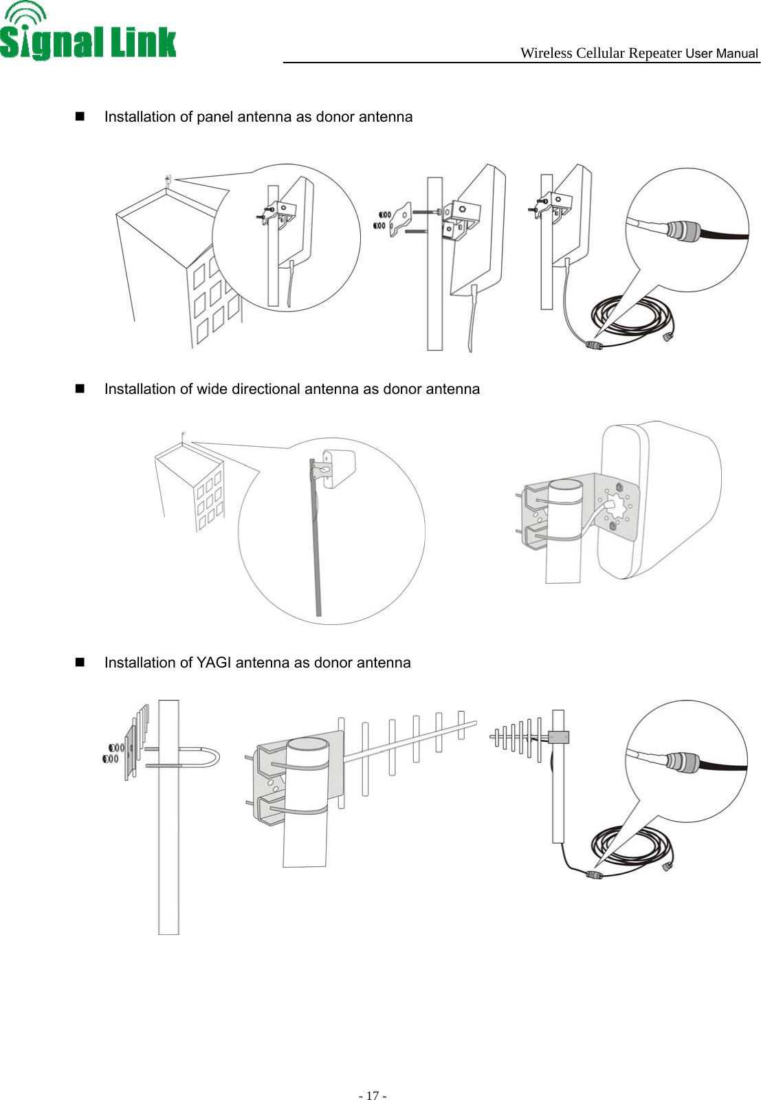 Wireless Cellular Repeater User Manual  - 17 -      Installation of panel antenna as donor antenna                Installation of wide directional antenna as donor antenna              Installation of YAGI antenna as donor antenna             