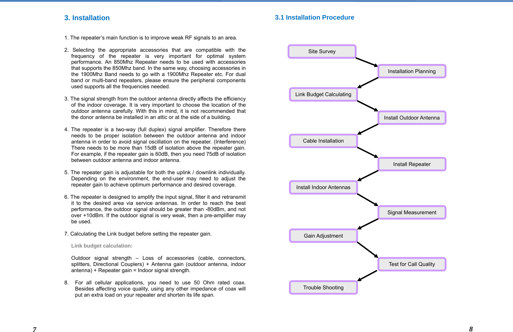  3. Installation  1. The repeater’s main function is to improve weak RF signals to an area.  2. Selecting the appropriate accessories that are compatible with the frequency of the repeater is very important for optimal system performance. An 850Mhz Repeater needs to be used with accessories that supports the 850Mhz band. In the same way, choosing accessories in the 1900Mhz Band needs to go with a 1900Mhz Repeater etc. For dual band or multi-band repeaters, please ensure the peripheral components used supports all the frequencies needed.    3. The signal strength from the outdoor antenna directly affects the efficiency of the indoor coverage. It is very important to choose the location of the outdoor antenna carefully. With this in mind, it is not recommended that the donor antenna be installed in an attic or at the side of a building.   4. The repeater is a two-way (full duplex) signal amplifier. Therefore there needs to be proper isolation between the outdoor antenna and indoor antenna in order to avoid signal oscillation on the repeater. (Interference) There needs to be more than 15dB of isolation above the repeater gain. For example, if the repeater gain is 60dB, then you need 75dB of isolation between outdoor antenna and indoor antenna.    5. The repeater gain is adjustable for both the uplink / downlink individually. Depending on the environment, the end-user may need to adjust the repeater gain to achieve optimum performance and desired coverage.    6. The repeater is designed to amplify the input signal, filter it and retransmit it to the desired area via service antennas. In order to reach the best performance, the outdoor signal should be greater than -80dBm, and not over +10dBm. If the outdoor signal is very weak, then a pre-amplifier may be used.  7. Calculating the Link budget before setting the repeater gain.       Link budget calculation:       Outdoor signal strength – Loss of accessories (cable, connectors, splitters, Directional Couplers) + Antenna gain (outdoor antenna, indoor antenna) + Repeater gain = Indoor signal strength.  8.  For all cellular applications, you need to use 50 Ohm rated coax. Besides affecting voice quality, using any other impedance of coax will put an extra load on your repeater and shorten its life span.     3.1 Installation Procedure                                                  Site SurveyInstallation PlanningLink Budget CalculatingInstall Outdoor AntennaCable InstallationInstall RepeaterInstall Indoor AntennasSignal MeasurementGain AdjustmentTest for Call QualityTrouble Shooting7  8 