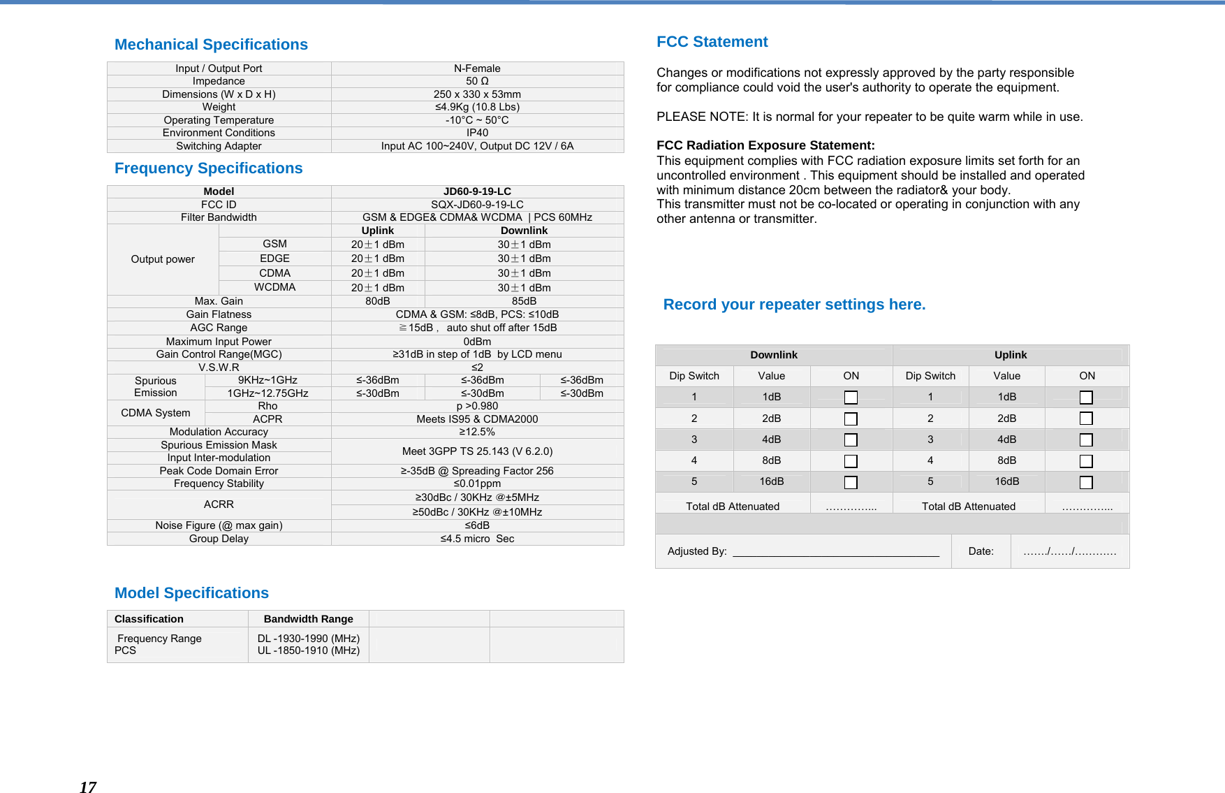  Mechanical Specifications  Input / Output Port  N-Female Impedance  50 Ω Dimensions (W x D x H)  250 x 330 x 53mm Weight  ≤4.9Kg (10.8 Lbs) Operating Temperature  -10°C ~ 50°C Environment Conditions  IP40 Switching Adapter  Input AC 100~240V, Output DC 12V / 6A  Record your repeater settings here.   Downlink  Uplink Dip Switch  Value  ON  Dip Switch  Value  ON 1  1dB   1  1dB   2  2dB   2  2dB   3  4dB   3  4dB   4  8dB   4  8dB   5  16dB   5  16dB   Total dB Attenuated  …………...  Total dB Attenuated  …………...  Adjusted By:  ___________________________________ Date:  ……./……/…………                                                   FCC Statement  Changes or modifications not expressly approved by the party responsible for compliance could void the user&apos;s authority to operate the equipment.  PLEASE NOTE: It is normal for your repeater to be quite warm while in use.  FCC Radiation Exposure Statement: This equipment complies with FCC radiation exposure limits set forth for an uncontrolled environment . This equipment should be installed and operated with minimum distance 20cm between the radiator&amp; your body.  This transmitter must not be co-located or operating in conjunction with any other antenna or transmitter.                                      Frequency Specifications  Model JD60-9-19-LC      FCC ID  SQX-JD60-9-19-LC Filter Bandwidth  GSM &amp; EDGE&amp; CDMA&amp; WCDMA  | PCS 60MHz Output power  Uplink Downlink GSM  20±1 dBm  30±1 dBm EDGE  20±1 dBm  30±1 dBm CDMA  20±1 dBm  30±1 dBm WCDMA  20±1 dBm  30±1 dBm Max. Gain  80dB  85dB Gain Flatness  CDMA &amp; GSM: ≤8dB, PCS: ≤10dB AGC Range  ≧15dB ，auto shut off after 15dB Maximum Input Power  0dBm Gain Control Range(MGC)  ≥31dB in step of 1dB  by LCD menu V.S.W.R  ≤2 Spurious Emission 9KHz~1GHz  ≤-36dBm   ≤-36dBm  ≤-36dBm 1GHz~12.75GHz  ≤-30dBm  ≤-30dBm  ≤-30dBm CDMA System  Rho  p &gt;0.980 ACPR  Meets IS95 &amp; CDMA2000 Modulation Accuracy  ≥12.5% Spurious Emission Mask  Meet 3GPP TS 25.143 (V 6.2.0) Input Inter-modulation  Peak Code Domain Error  ≥-35dB @ Spreading Factor 256 Frequency Stability  ≤0.01ppm ACRR  ≥30dBc / 30KHz ＠±5MHz ≥50dBc / 30KHz ＠±10MHz Noise Figure (@ max gain)  ≤6dB Group Delay  ≤4.5 micro  Sec  Model Specifications  Classification Bandwidth Range       Frequency Range PCS  DL -1930-1990 (MHz)UL -1850-1910 (MHz)          17 