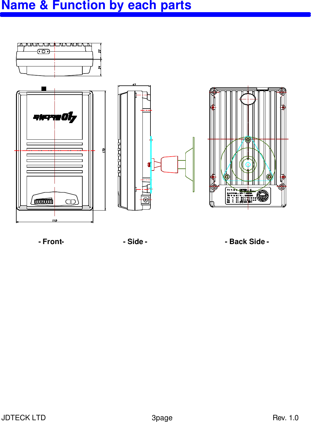 JDTECK LTD                 3page                           Rev. 1.0 Name &amp; Function by each parts               - Front-                - Side -                     - Back Side -                        