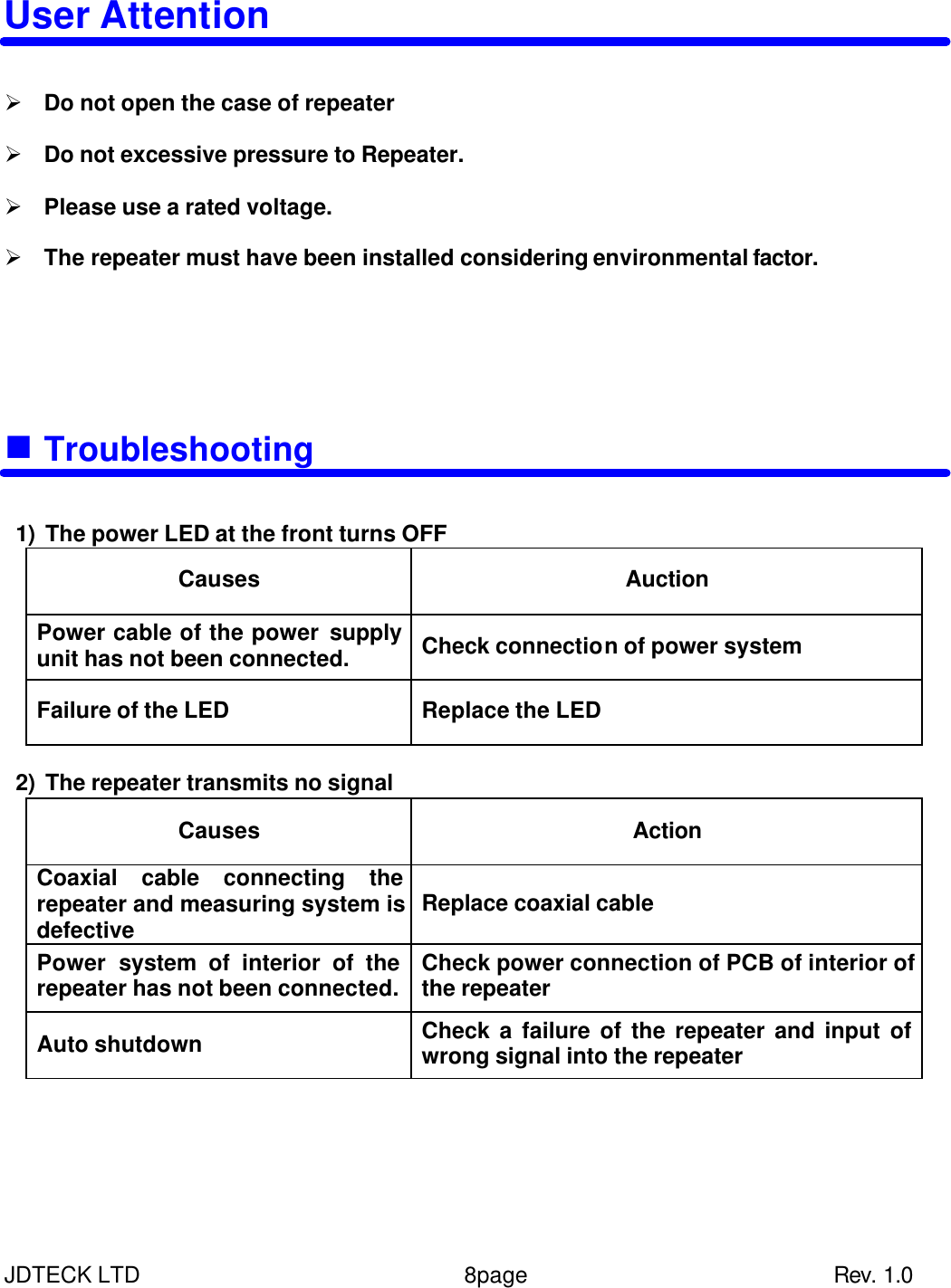 JDTECK LTD                 8page                           Rev. 1.0 User Attention   Ø Do not open the case of repeater  Ø Do not excessive pressure to Repeater.  Ø Please use a rated voltage.  Ø The repeater must have been installed considering environmental factor.         n Troubleshooting   1) The power LED at the front turns OFF Causes Auction Power cable of the power supply unit has not been connected.   Check connection of power system Failure of the LED Replace the LED  2) The repeater transmits no signal Causes Action Coaxial cable connecting the repeater and measuring system is defective Replace coaxial cable Power  system of interior of the repeater has not been connected. Check power connection of PCB of interior of the repeater Auto shutdown Check a failure of the repeater and input of wrong signal into the repeater     
