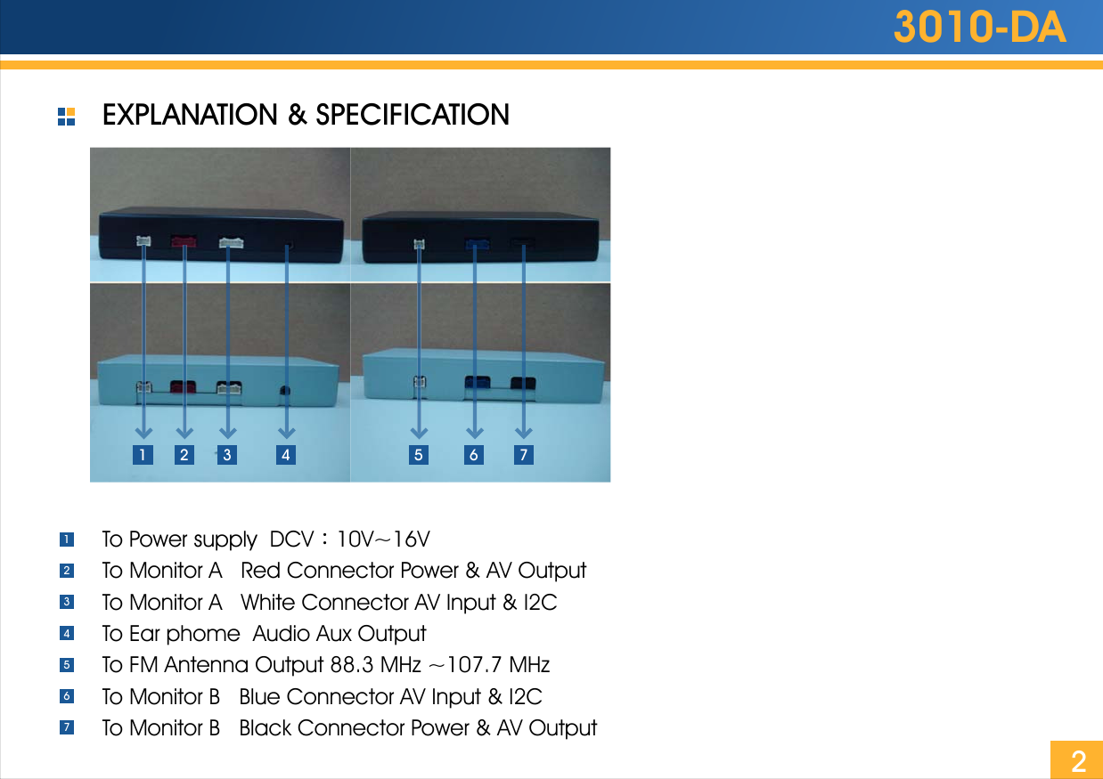 3010-DAEXPLANATION &amp; SPECIFICATION1 2 3 4 5 6 7To Power supply  DCV：10V~16VTo Monitor A   Red Connector Power &amp; AV OutputTo Monitor A   White Connector AV Input &amp; I2CTo Ear phome  Audio Aux OutputTo FM Antenna Output 88.3 MHz ~107.7 MHzTo Monitor B   Blue Connector AV Input &amp; I2CTo Monitor B   Black Connector Power &amp; AV Output12345672