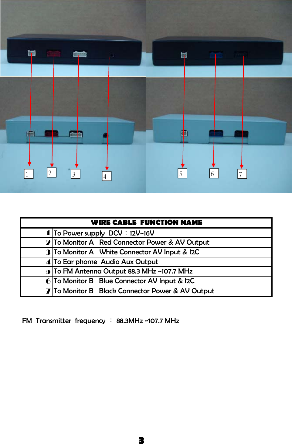   123WIRE CABLE  FUNCTION NAMETo Power supply  DCV：12V~16VTo Monitor A   Red Connector Power &amp; AV OutputTo Monitor A   White Connector AV Input &amp; I2C4567To Monitor B   Black Connector Power &amp; AV OutputTo Ear phome  Audio Aux OutputTo FM Antenna Output 88.3 MHz ~107.7 MHzTo Monitor B   Blue Connector AV Input &amp; I2CFM  Transmitter  frequency ： 88.3MHz ~107.7 MHz 33