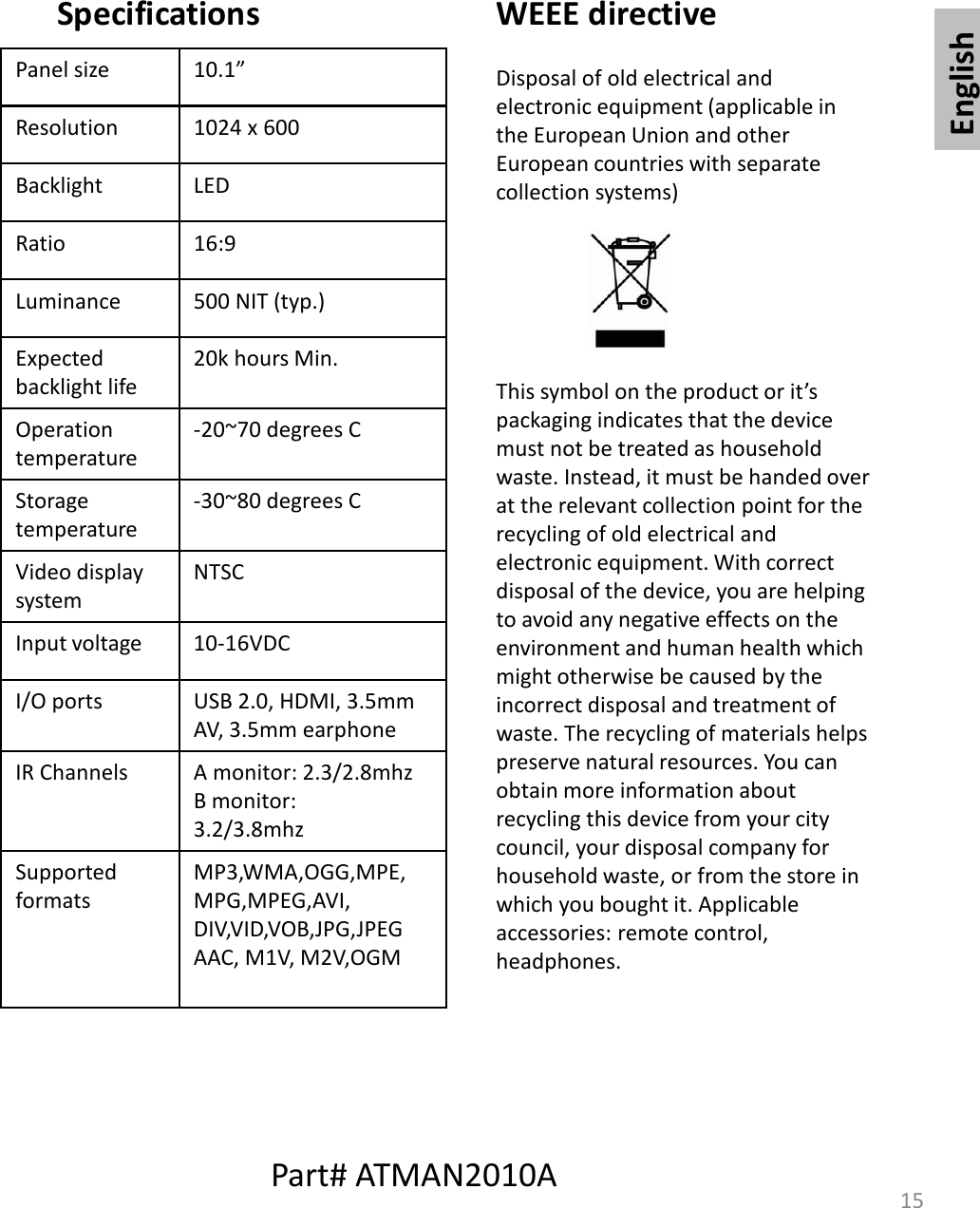 English15WEEE directiveDisposal of old electrical and electronic equipment (applicable in the European Union and other European countries with separate collection systems)This symbol on the product or it’s packaging indicates that the device must not be treated as household waste. Instead, it must be handed over at the relevant collection point for the recycling of old electrical and electronic equipment. With correct disposal of the device, you are helping to avoid any negative effects on the environment and human health which might otherwise be caused by the incorrect disposal and treatment of waste. The recycling of materials helps preserve natural resources. You can obtain more information about recycling this device from your city council, your disposal company for household waste, or from the store in which you bought it. Applicable accessories: remote control, headphones. SpecificationsPanel size 10.1”Resolution 1024 x 600Backlight LEDRatio 16:9Luminance 500 NIT (typ.)Expectedbacklight life20k hours Min.Operation temperature-20~70 degrees CStorage temperature-30~80 degrees CVideo display systemNTSCInput voltage 10-16VDCI/O ports USB 2.0, HDMI, 3.5mm AV, 3.5mm earphoneIR Channels A monitor: 2.3/2.8mhzB monitor:3.2/3.8mhzSupported formatsMP3,WMA,OGG,MPE,MPG,MPEG,AVI,DIV,VID,VOB,JPG,JPEGAAC, M1V, M2V,OGM Part# ATMAN2010A