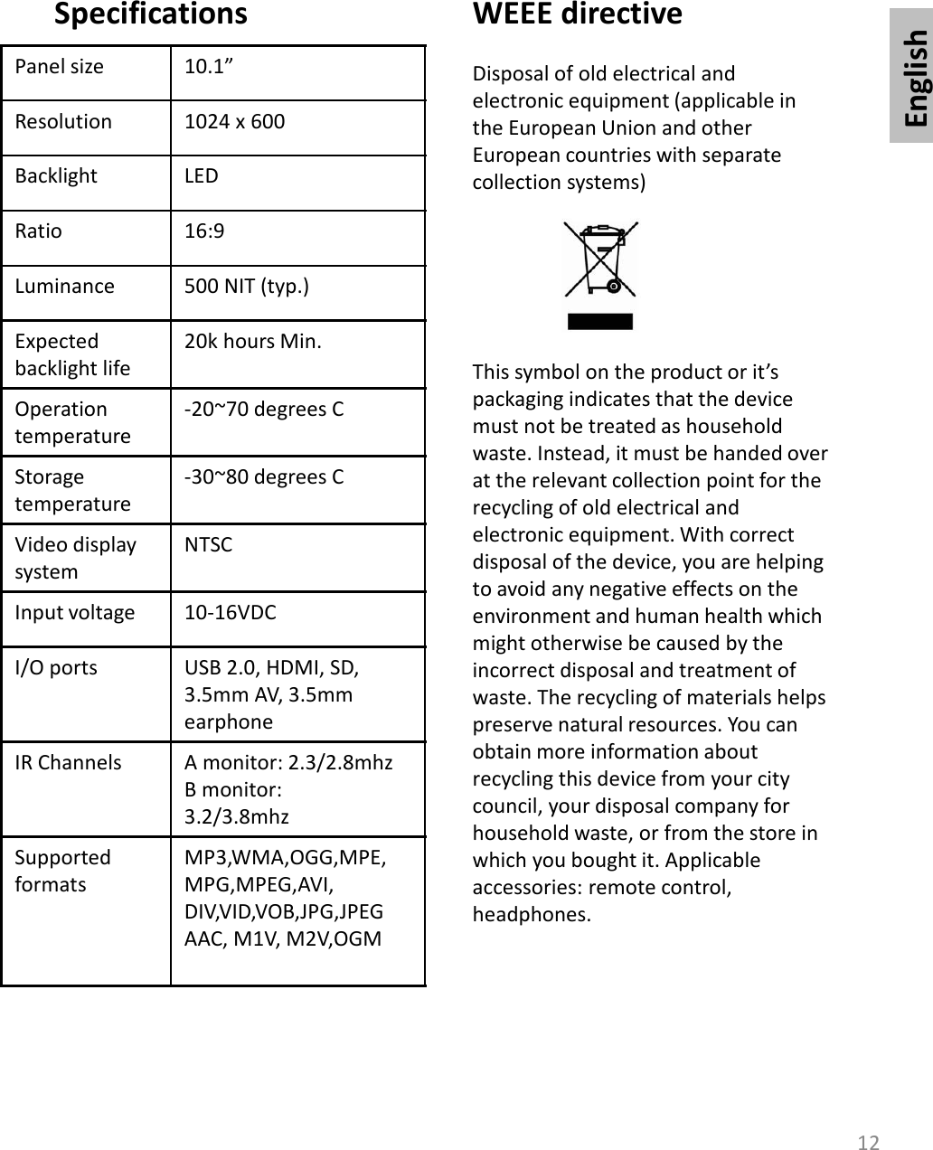 English12WEEE directiveDisposal of old electrical and electronic equipment (applicable in the European Union and other European countries with separate collection systems)This symbol on the product or it’s packaging indicates that the device must not be treated as household waste. Instead, it must be handed over at the relevant collection point for the recycling of old electrical and electronic equipment. With correct disposal of the device, you are helping to avoid any negative effects on the environment and human health which might otherwise be caused by the incorrect disposal and treatment of waste. The recycling of materials helps preserve natural resources. You can obtain more information about recycling this device from your city council, your disposal company for household waste, or from the store in which you bought it. Applicable accessories: remote control, headphones. SpecificationsPanel size 10.1”Resolution 1024 x 600Backlight LEDRatio 16:9Luminance 500 NIT (typ.)Expectedbacklight life20k hours Min.Operation temperature-20~70 degrees CStorage temperature-30~80 degrees CVideo display systemNTSCInput voltage 10-16VDCI/O ports USB 2.0, HDMI, SD,3.5mm AV, 3.5mm earphoneIR Channels A monitor: 2.3/2.8mhzB monitor:3.2/3.8mhzSupported formatsMP3,WMA,OGG,MPE,MPG,MPEG,AVI,DIV,VID,VOB,JPG,JPEGAAC, M1V, M2V,OGM 