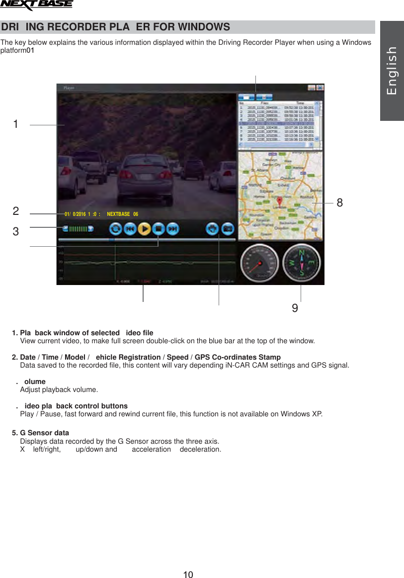 DRI ING RECORDER PLA ER FOR WINDOWS1. Pla back window of selected  ideo fileView current video, to make full screen double-click on the blue bar at the top of the window.2. Date / Time / Model /  ehicle Registration / Speed / GPS Co-ordinates StampData saved to the recorded file, this content will vary depending iN-CAR CAM settings and GPS signal.. olumeAdjust playback volume..  ideo pla back control buttonsPlay / Pause, fast forward and rewind current file, this function is not available on Windows XP.5. G Sensor dataDisplays data recorded by the G Sensor across the three axis.    X   left/right,     up/down and     acceleration   deceleration.The key below explains the various information displayed within the Driving Recorder Player when using a Windowsplatform01English1001/ 0/2016  1 :0 :   NEXTBASE  0689231