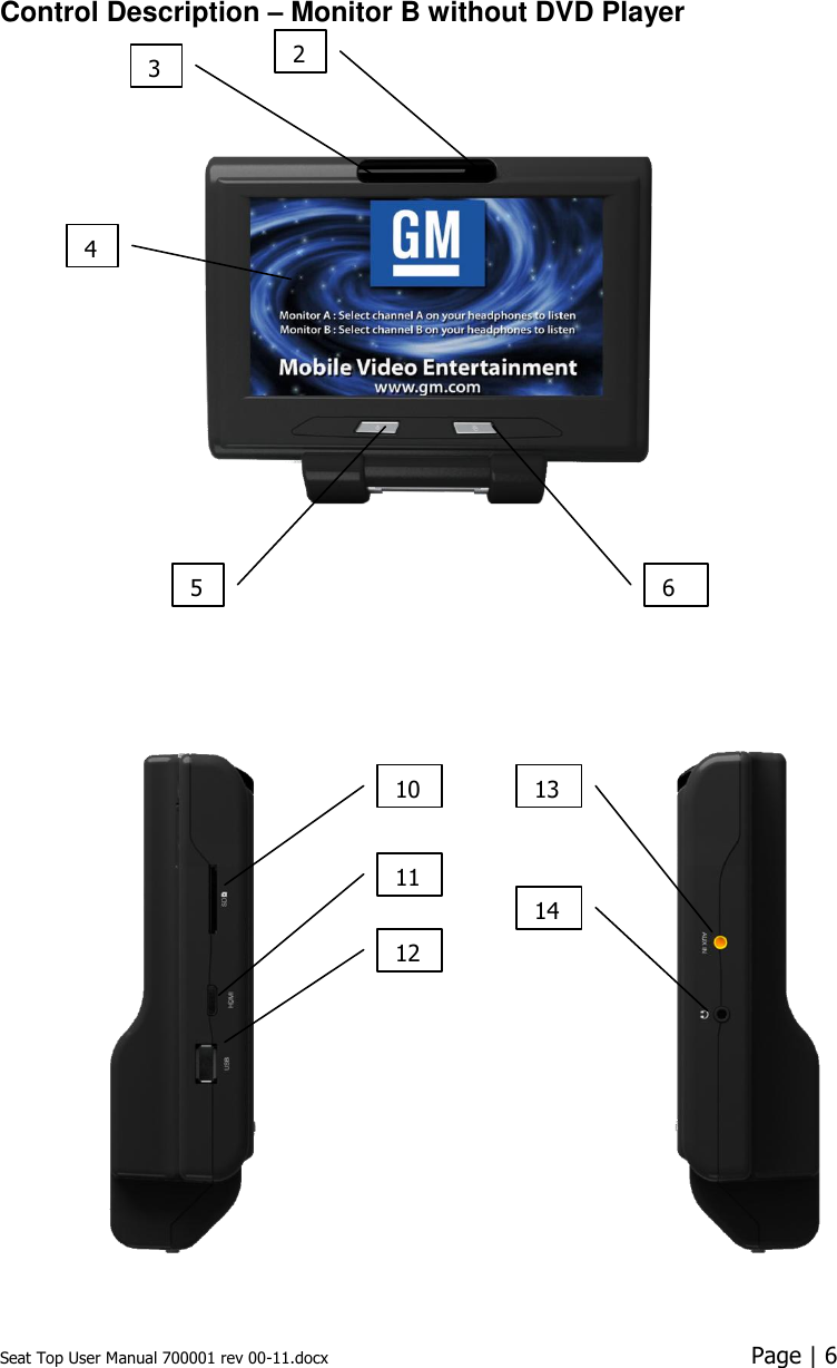 Seat Top User Manual 700001 rev 00-11.docx  Page | 6  Control Description – Monitor B without DVD Player                     5 6 10 11 12 13 14 2 3 4 