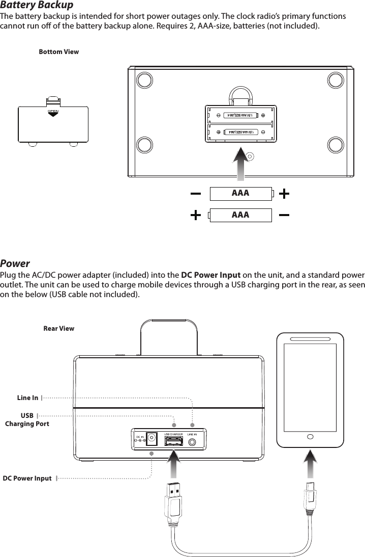 AAAAAABattery Backup The battery backup is intended for short power outages only. The clock radio’s primary functions cannot run o of the battery backup alone. Requires 2, AAA-size, batteries (not included).Bottom ViewRear ViewPower Plug the AC/DC power adapter (included) into the DC Power Input on the unit, and a standard power outlet. The unit can be used to charge mobile devices through a USB charging port in the rear, as seen on the below (USB cable not included).DC Power InputUSB  Charging PortLine In