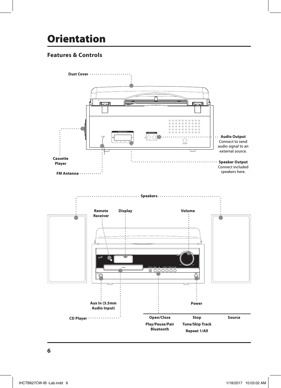 6OrientationSpeakersFeatures &amp; Controls120V~60HzRLSPEAKER OUTPUTFM ANT.LRAUDIO OUTPUTVOLUMEMIN MAX–  TUNE / SKIP  +OPEN / CLOSEREPEAT 1 / ALLPOWERCD PLAYER / AUX INSOURCEFM AntennaCassette PlayerDust CoverSpeaker Output Connect included speakers here. Power Display VolumeCD PlayerRemote ReceiverOpen/ClosePlay/Pause/Pair BluetoothStop Tune/Skip TrackRepeat 1/AllSourceAudio Output Connect to send audio signal to an external source. Aux In (3.5mm Audio Input)IHCTB627CW-IB -Lab.indd   6 1/18/2017   10:03:02 AM