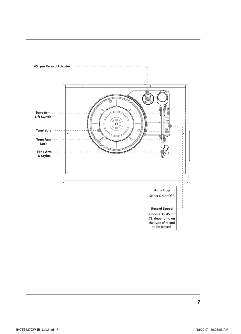 7Tone Arm &amp; StylusRecord SpeedChoose 33, 45, or 78, depending on the type of record to be played.Auto StopSelect ON or OFF.Tone Arm LockTurntableTone Arm Lift Switch45 rpm Record AdapterIHCTB627CW-IB -Lab.indd   7 1/18/2017   10:03:03 AM