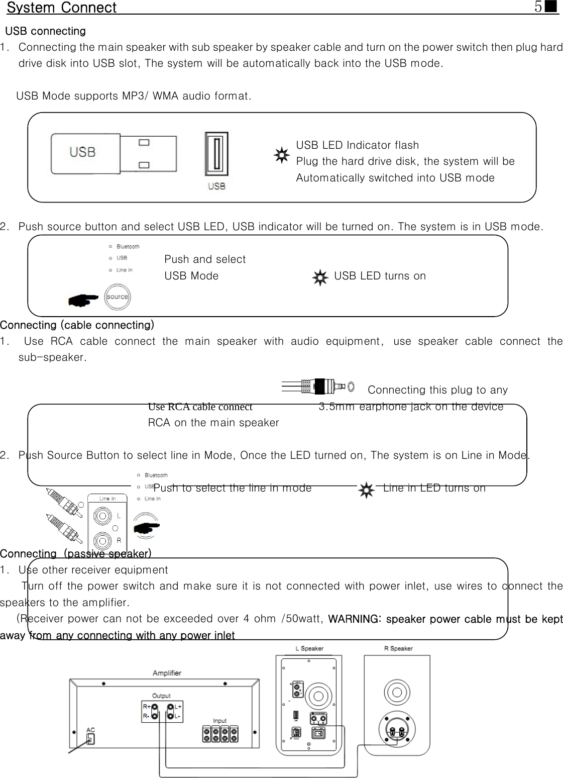 System Connect                                                                            5■ USB connecting 1. Connecting the main speaker with sub speaker by speaker cable and turn on the power switch then plug hard drive disk into USB slot, The system will be automatically back into the USB mode.  USB Mode supports MP3/ WMA audio format.                                               USB LED Indicator flash                            Plug the hard drive disk, the system will be                              Automatically switched into USB mode                    2. Push source button and select USB LED, USB indicator will be turned on. The system is in USB mode.                                                                             Push and select                                    USB Mode                     USB LED turns on      Connecting (cable connecting) 1.  Use  RCA  cable  connect  the  main  speaker  with  audio  equipment ， use speaker cable connect the sub-speaker.                                                            Connecting this plug to any Use RCA cable connect            3.5mm earphone jack on the device     RCA on the main speaker         2. Push Source Button to select line in Mode, Once the LED turned on, The system is on Line in Mode.                                                                                      Push to select the line in mode             Line in LED turns on                         Connecting（passive speaker） 1. Use other receiver equipment   Turn off the power switch and make sure it is not connected with power inlet, use wires to connect the speakers to the amplifier. (Receiver power can not be exceeded over 4 ohm /50watt, WARNING: speaker power cable must be kept away from any connecting with any power inlet         