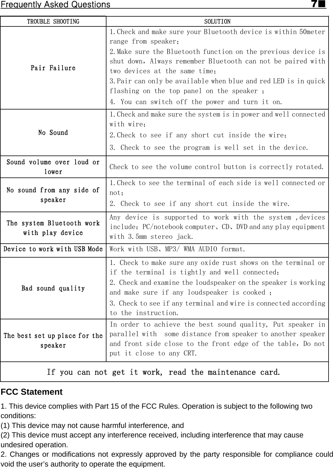 Frequently Asked Questions                                                                                                7■ TROUBLE SHOOTING  SOLUTION Pair Failure 1.Check and make sure your Bluetooth device is within 50meter range from speaker； 2.Make sure the Bluetooth function on the previous device is shut down，Always remember Bluetooth can not be paired with two devices at the same time； 3.Pair can only be available when blue and red LED is in quick flashing on the top panel on the speaker ； 4. You can switch off the power and turn it on. No Sound  1.Check and make sure the system is in power and well connected with wire； 2.Check to see if any short cut inside the wire； 3. Check to see the program is well set in the device. Sound volume over loud or lower  Check to see the volume control button is correctly rotated.No sound from any side of speaker 1.Check to see the terminal of each side is well connected or not； 2. Check to see if any short cut inside the wire. The system Bluetooth work with play device  Any  device  is  supported to  work  with  the  system ,devices include：PC/notebook computer、CD、DVD and any play equipment with 3.5mm stereo jack. Device to work with USB Mode  Work with USB、MP3/ WMA AUDIO format. Bad sound quality 1. Check to make sure any oxide rust shows on the terminal or if the terminal is tightly and well connected； 2. Check and examine the loudspeaker on the speaker is working and make sure if any loudspeaker is cooked ； 3. Check to see if any terminal and wire is connected according to the instruction. The best set up place for the speaker In order to achieve the best sound quality, Put speaker in parallel with  some distance from speaker to another speaker and front side close to the front edge of the table，Do not put it close to any CRT. If you can not get it work, read the maintenance card. FCC Statement 1. This device complies with Part 15 of the FCC Rules. Operation is subject to the following two conditions: (1) This device may not cause harmful interference, and (2) This device must accept any interference received, including interference that may cause undesired operation. 2. Changes or modifications not expressly approved by the party responsible for compliance could void the user’s authority to operate the equipment.     
