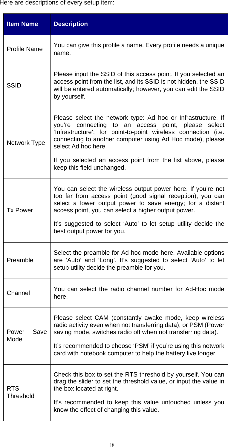                                                                                    18Here are descriptions of every setup item: Item Name  Description Profile Name  You can give this profile a name. Every profile needs a unique name. SSID Please input the SSID of this access point. If you selected an access point from the list, and its SSID is not hidden, the SSID will be entered automatically; however, you can edit the SSID by yourself. Network Type Please select the network type: Ad hoc or Infrastructure. If you&rsquo;re connecting to an access point, please select &lsquo;Infrastructure&rsquo;; for point-to-point wireless connection (i.e. connecting to another computer using Ad Hoc mode), please select Ad hoc here. If you selected an access point from the list above, please keep this field unchanged. Tx Power You can select the wireless output power here. If you&rsquo;re not too far from access point (good signal reception), you can select a lower output power to save energy; for a distant access point, you can select a higher output power.   It&rsquo;s suggested to select &lsquo;Auto&rsquo; to let setup utility decide the best output power for you. Preamble  Select the preamble for Ad hoc mode here. Available options are &lsquo;Auto&rsquo; and &lsquo;Long&rsquo;. It&rsquo;s suggested to select &lsquo;Auto&rsquo; to let setup utility decide the preamble for you. Channel  You can select the radio channel number for Ad-Hoc mode here. Power Save Mode Please select CAM (constantly awake mode, keep wireless radio activity even when not transferring data), or PSM (Power saving mode, switches radio off when not transferring data). It&rsquo;s recommended to choose &lsquo;PSM&rsquo; if you&rsquo;re using this network card with notebook computer to help the battery live longer. RTS Threshold Check this box to set the RTS threshold by yourself. You can drag the slider to set the threshold value, or input the value in the box located at right. It&rsquo;s recommended to keep this value untouched unless you know the effect of changing this value. 