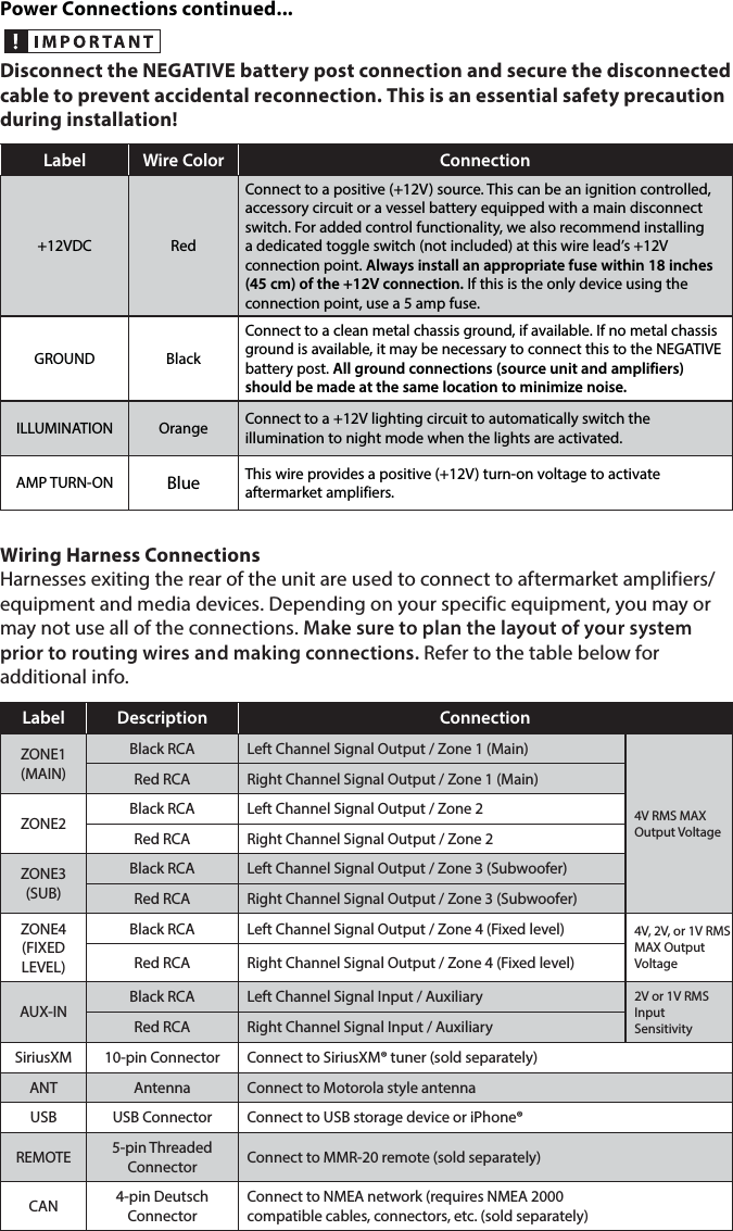 Power Connections continued...Disconnect the NEGATIVE battery post connection and secure the disconnected cable to prevent accidental reconnection. This is an essential safety precaution during installation!Label Wire Color Connection+12VDC RedConnect to a positive (+12V) source. This can be an ignition controlled, accessory circuit or a vessel battery equipped with a main disconnect switch. For added control functionality, we also recommend installing a dedicated toggle switch (not included) at this wire lead’s +12V connection point. Always install an appropriate fuse within 18 inches (45 cm) of the +12V connection. If this is the only device using the connection point, use a 5 amp fuse.GROUND BlackConnect to a clean metal chassis ground, if available. If no metal chassis ground is available, it may be necessary to connect this to the NEGATIVE battery post. All ground connections (source unit and amplifiers) should be made at the same location to minimize noise.ILLUMINATION Orange Connect to a +12V lighting circuit to automatically switch the illumination to night mode when the lights are activated.AMP TURN-ON Blue This wire provides a positive (+12V) turn-on voltage to activate aftermarket amplifiers.  Wiring Harness ConnectionsHarnesses exiting the rear of the unit are used to connect to aftermarket amplifiers/equipment and media devices. Depending on your specific equipment, you may or may not use all of the connections. Make sure to plan the layout of your system prior to routing wires and making connections. Refer to the table below for additional info.Label Description ConnectionZONE1 (MAIN)Black RCA Left Channel Signal Output / Zone 1 (Main)4V RMS MAX Output VoltageRed RCA Right Channel Signal Output / Zone 1 (Main)ZONE2Black RCA Left Channel Signal Output / Zone 2Red RCA Right Channel Signal Output / Zone 2ZONE3 (SUB)Black RCA Left Channel Signal Output / Zone 3 (Subwoofer)Red RCA Right Channel Signal Output / Zone 3 (Subwoofer)ZONE4 (FIXED LEVEL)Black RCA Left Channel Signal Output / Zone 4 (Fixed level) 4V, 2V, or 1V RMS MAX Output VoltageRed RCA Right Channel Signal Output / Zone 4 (Fixed level)AUX-INBlack RCA Left Channel Signal Input / Auxiliary 2V or 1V RMS Input  SensitivityRed RCA Right Channel Signal Input / AuxiliarySiriusXM 10-pin Connector Connect to SiriusXM® tuner (sold separately)ANT Antenna Connect to Motorola style antennaUSB USB Connector Connect to USB storage device or iPhone®REMOTE 5-pin Threaded Connector Connect to MMR-20 remote (sold separately)CAN 4-pin Deutsch ConnectorConnect to NMEA network (requires NMEA 2000  compatible cables, connectors, etc. (sold separately)