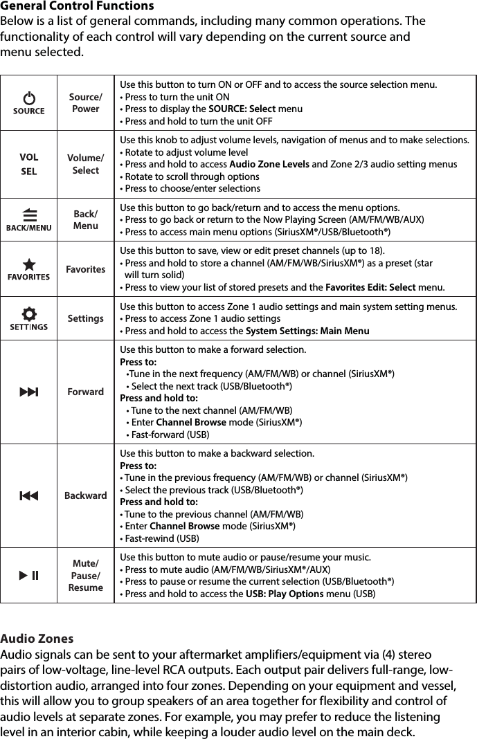 General Control Functions Below is a list of general commands, including many common operations. The functionality of each control will vary depending on the current source and  menu selected.  Source/PowerUse this button to turn ON or OFF and to access the source selection menu.• Press to turn the unit ON• Press to display the SOURCE: Select menu• Press and hold to turn the unit OFFVolume/SelectUse this knob to adjust volume levels, navigation of menus and to make selections.• Rotate to adjust volume level• Press and hold to access Audio Zone Levels and Zone 2/3 audio setting menus• Rotate to scroll through options• Press to choose/enter selectionsBack/MenuUse this button to go back/return and to access the menu options.• Press to go back or return to the Now Playing Screen (AM/FM/WB/AUX)• Press to access main menu options (SiriusXM®/USB/Bluetooth®)FavoritesUse this button to save, view or edit preset channels (up to 18).• Press and hold to store a channel (AM/FM/WB/SiriusXM®) as a preset (star    will turn solid)• Press to view your list of stored presets and the Favorites Edit: Select menu.SettingsUse this button to access Zone 1 audio settings and main system setting menus.• Press to access Zone 1 audio settings• Press and hold to access the System Settings: Main MenuForwardUse this button to make a forward selection.Press to: •Tune in the next frequency (AM/FM/WB) or channel (SiriusXM®) • Select the next track (USB/Bluetooth®)Press and hold to:• Tune to the next channel (AM/FM/WB) • Enter Channel Browse mode (SiriusXM®) • Fast-forward (USB)BackwardUse this button to make a backward selection.Press to: • Tune in the previous frequency (AM/FM/WB) or channel (SiriusXM®)• Select the previous track (USB/Bluetooth®)Press and hold to:• Tune to the previous channel (AM/FM/WB) • Enter Channel Browse mode (SiriusXM®) • Fast-rewind (USB)Mute/Pause/ ResumeUse this button to mute audio or pause/resume your music.• Press to mute audio (AM/FM/WB/SiriusXM®/AUX)• Press to pause or resume the current selection (USB/Bluetooth®)• Press and hold to access the USB: Play Options menu (USB)Audio ZonesAudio signals can be sent to your aftermarket amplifiers/equipment via (4) stereo pairs of low-voltage, line-level RCA outputs. Each output pair delivers full-range, low-distortion audio, arranged into four zones. Depending on your equipment and vessel, this will allow you to group speakers of an area together for flexibility and control of audio levels at separate zones. For example, you may prefer to reduce the listening level in an interior cabin, while keeping a louder audio level on the main deck. 