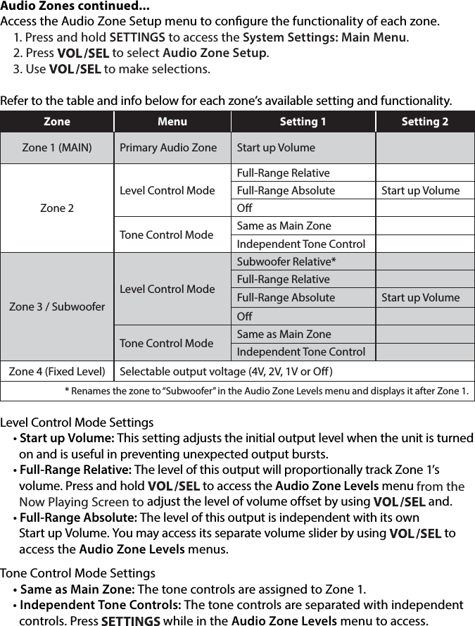 Audio Zones continued...Access the Audio Zone Setup menu to congure the functionality of each zone.1. Press and hold SETTINGS to access the System Settings: Main Menu.2. Press   to select Audio Zone Setup. 3. Use   to make selections. Refer to the table and info below for each zone’s available setting and functionality. Zone  Menu Setting 1 Setting 2Zone 1 (MAIN) Primary Audio Zone Start up VolumeZone 2Level Control ModeFull-Range RelativeFull-Range Absolute Start up VolumeOTone Control Mode Same as Main ZoneIndependent Tone ControlZone 3 / SubwooferLevel Control ModeSubwoofer Relative*Full-Range RelativeFull-Range Absolute Start up VolumeOTone Control Mode Same as Main ZoneIndependent Tone ControlZone 4 (Fixed Level) Selectable output voltage (4V, 2V, 1V or O)* Renames the zone to “Subwoofer” in the Audio Zone Levels menu and displays it after Zone 1.Level Control Mode Settings• Start up Volume: This setting adjusts the initial output level when the unit is turned    on and is useful in preventing unexpected output bursts. • Full-Range Relative: The level of this output will proportionally track Zone 1’s    volume. Press and hold   to access the Audio Zone Levels menu from the    Now Playing Screen to adjust the level of volume offset by using   and. • Full-Range Absolute: The level of this output is independent with its own    Start up Volume. You may access its separate volume slider by using   to    access the Audio Zone Levels menus.Tone Control Mode Settings• Same as Main Zone: The tone controls are assigned to Zone 1. • Independent Tone Controls: The tone controls are separated with independent     controls. Press   while in the Audio Zone Levels menu to access. 