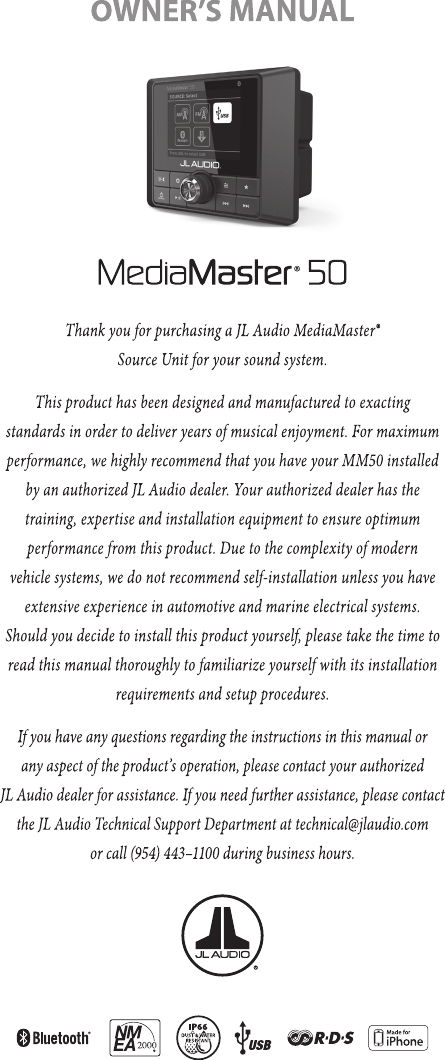 Page 1 of JL Audio MM50 Marine Audio Controller User Manual                    LP0102001181 A1