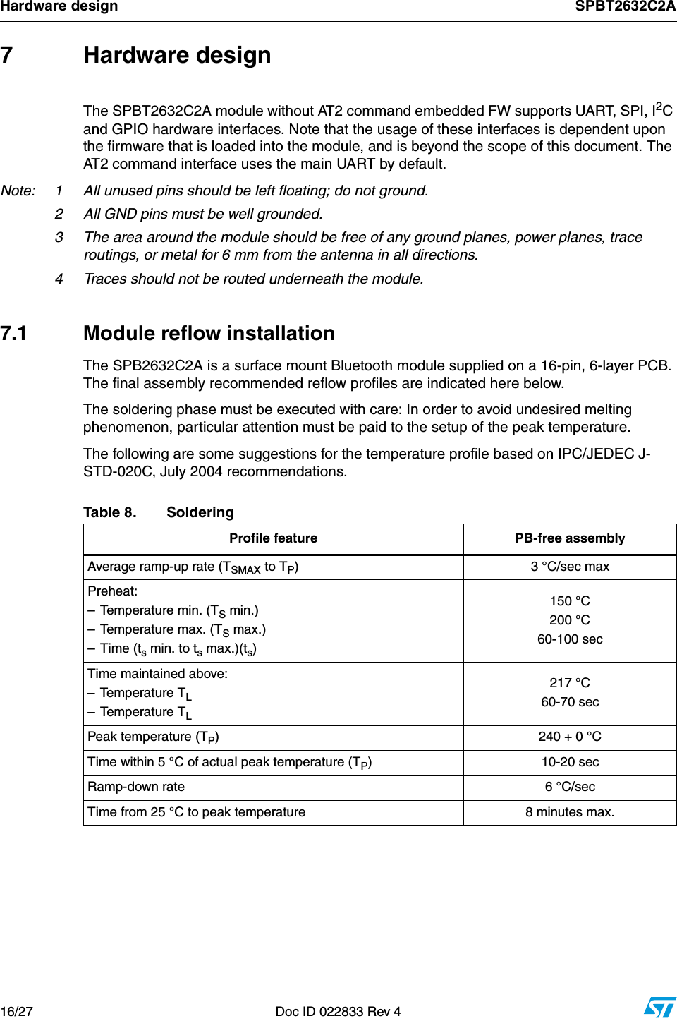 Hardware design SPBT2632C2A16/27 Doc ID 022833 Rev 47 Hardware designThe SPBT2632C2A module without AT2 command embedded FW supports UART, SPI, I2C and GPIO hardware interfaces. Note that the usage of these interfaces is dependent upon the firmware that is loaded into the module, and is beyond the scope of this document. The AT2 command interface uses the main UART by default.Note: 1 All unused pins should be left floating; do not ground.2 All GND pins must be well grounded.3 The area around the module should be free of any ground planes, power planes, trace routings, or metal for 6 mm from the antenna in all directions.4 Traces should not be routed underneath the module.7.1  Module reflow installationThe SPB2632C2A is a surface mount Bluetooth module supplied on a 16-pin, 6-layer PCB. The final assembly recommended reflow profiles are indicated here below.The soldering phase must be executed with care: In order to avoid undesired melting phenomenon, particular attention must be paid to the setup of the peak temperature.The following are some suggestions for the temperature profile based on IPC/JEDEC J-STD-020C, July 2004 recommendations.Table 8. SolderingProfile feature PB-free assemblyAverage ramp-up rate (TSMAX to TP) 3 °C/sec maxPreheat:– Temperature min. (TS min.)– Temperature max. (TS max.)–Time (ts min. to ts max.)(ts)150 °C200 °C60-100 secTime maintained above:– Temperature TL– Temperature TL217 °C60-70 secPeak temperature (TP) 240 + 0 °CTime within 5 °C of actual peak temperature (TP) 10-20 secRamp-down rate 6 °C/secTime from 25 °C to peak temperature 8 minutes max.